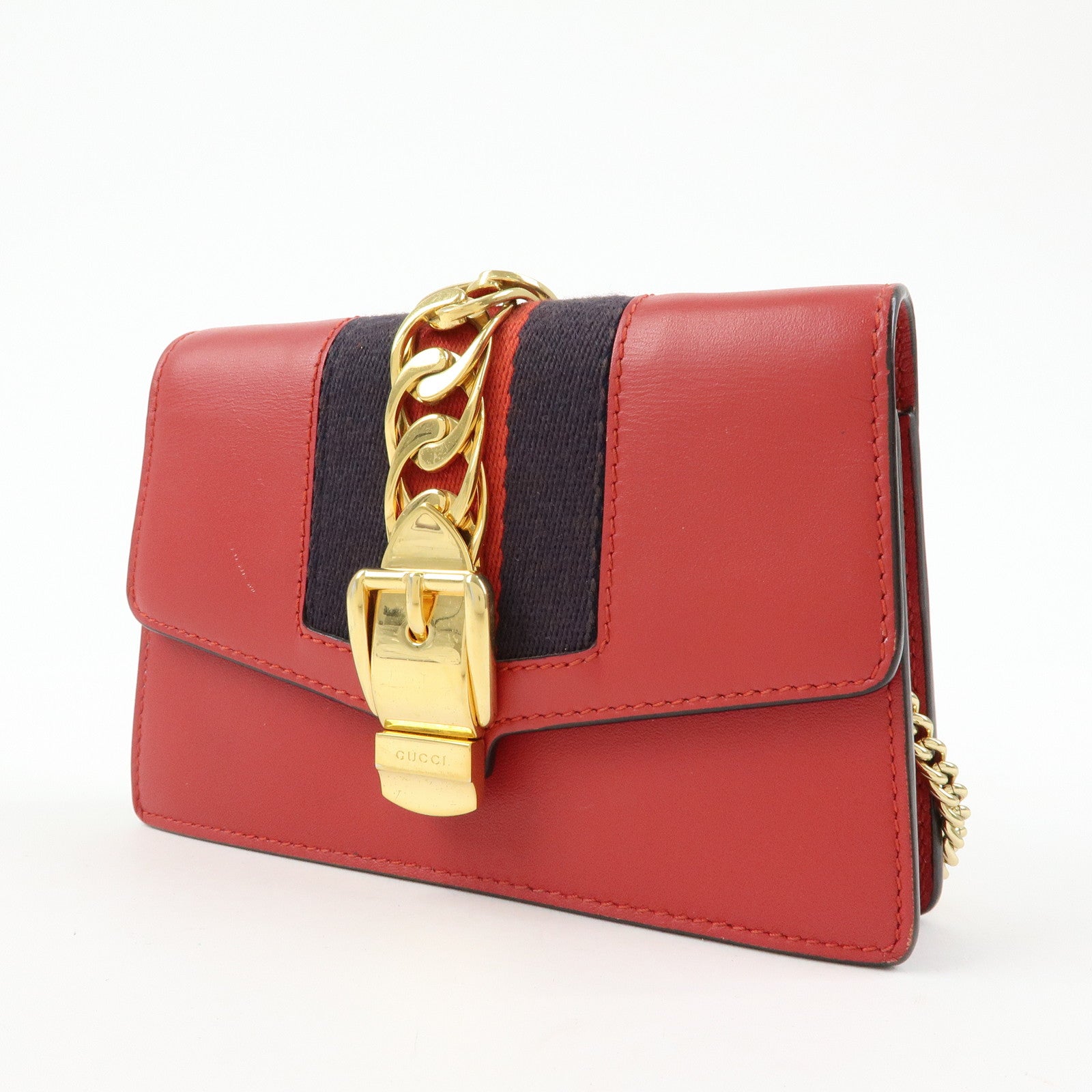 GUCCI Sylvie Sherry Leather Chain Mini Shoulder Bag Red Navy 494646
