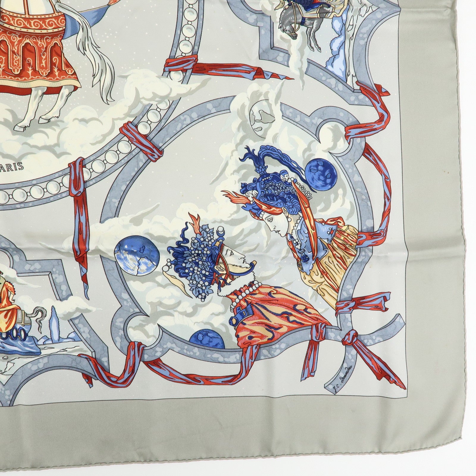 HERMES Carre 90 Silk 100% Scarf CAVALIERS DES NUAGES Gray Blue