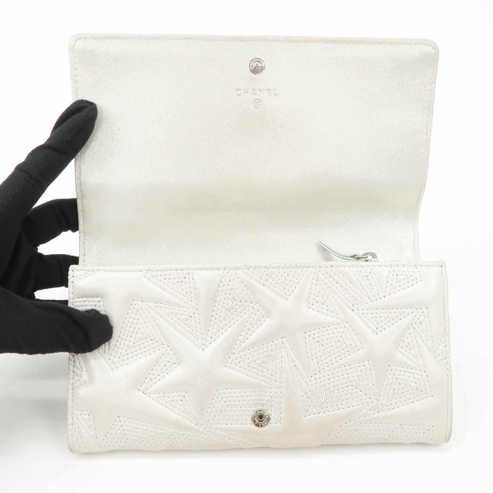 CHANEL Lamb Skin Star Embossed Flap Long Wallet 2017 Limited A70097