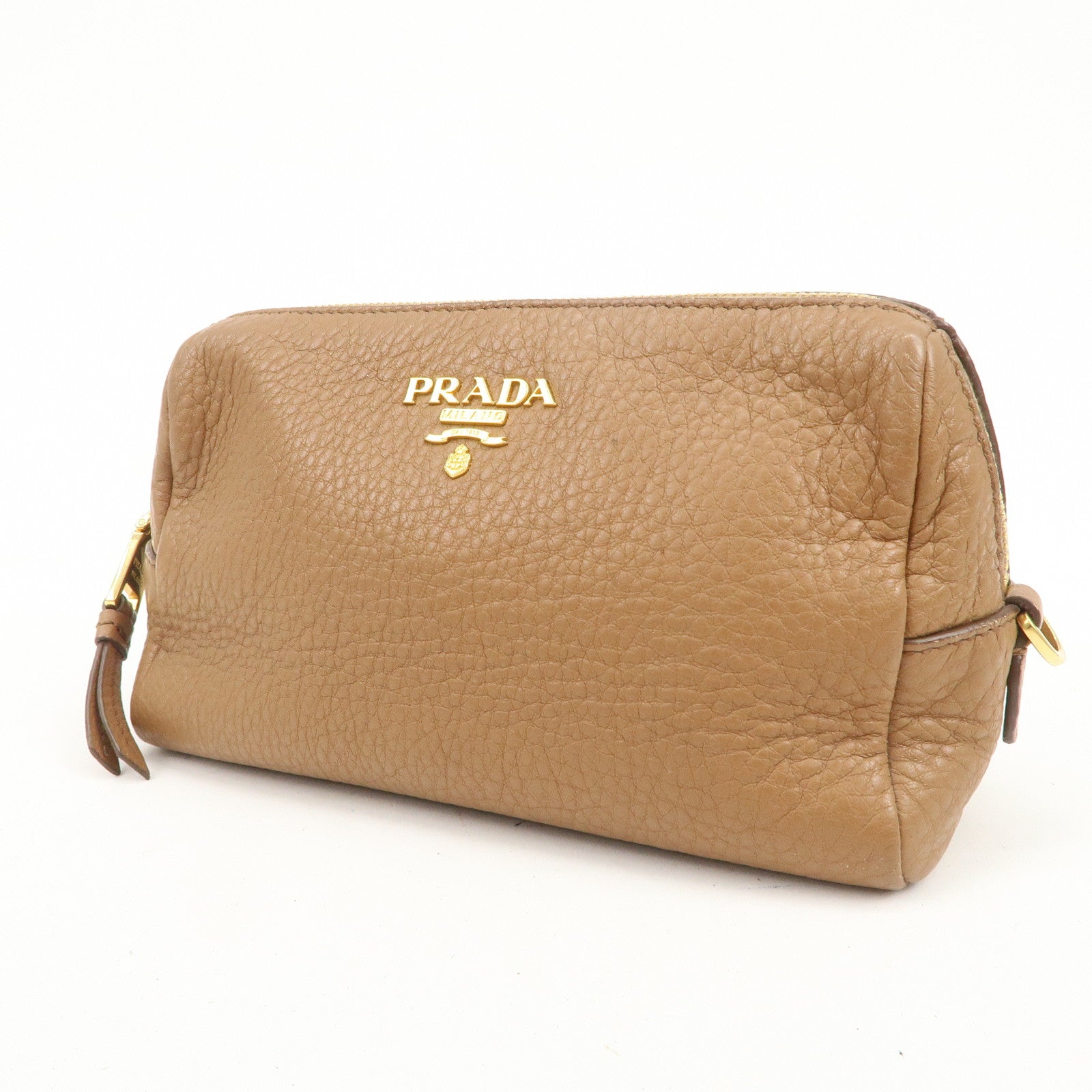 PRADA Logo Leather Pouch Cosmetic Pouch Camel