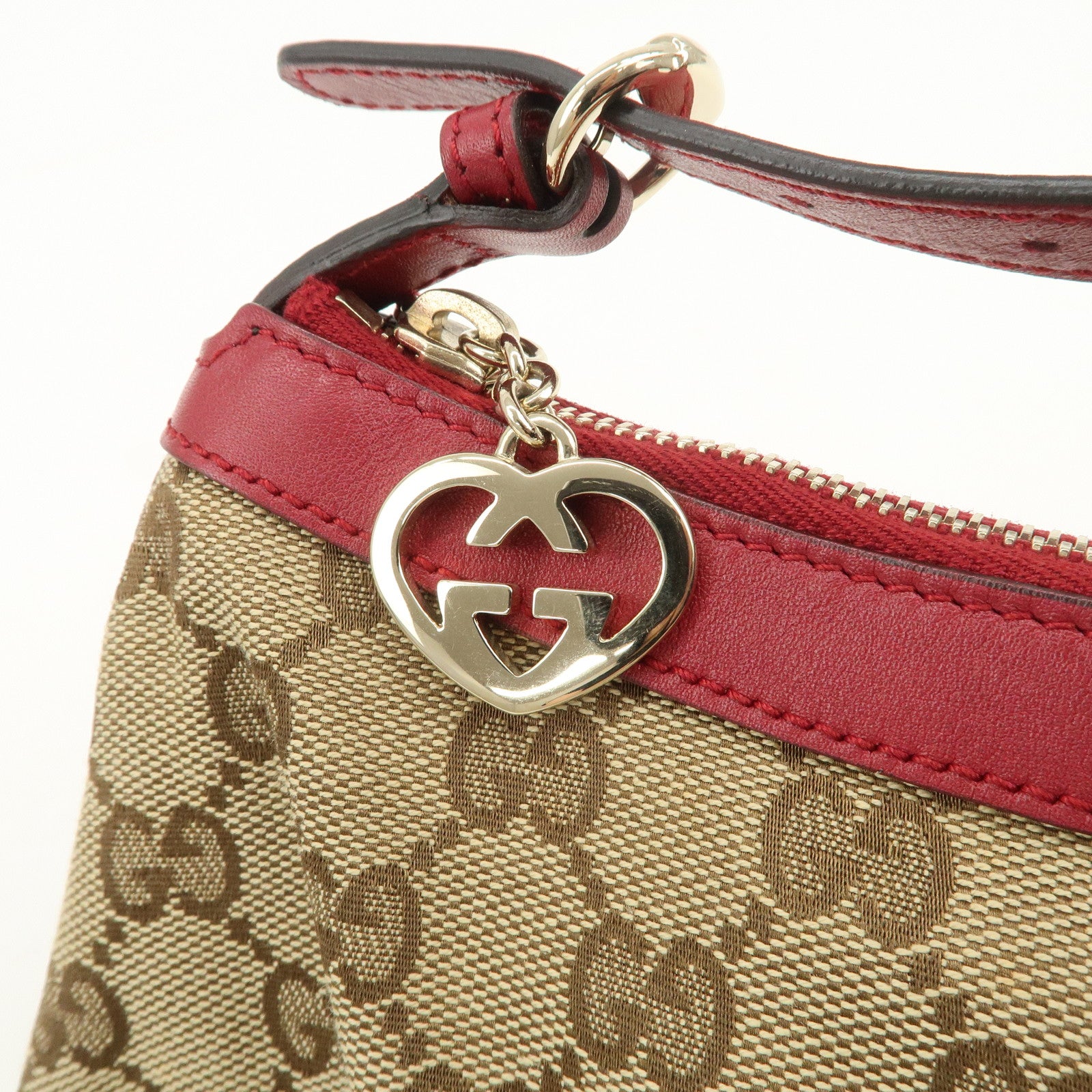 GUCCI Lovely Heart GG Monogram Canvas Leather Hand Bag Brown 245938