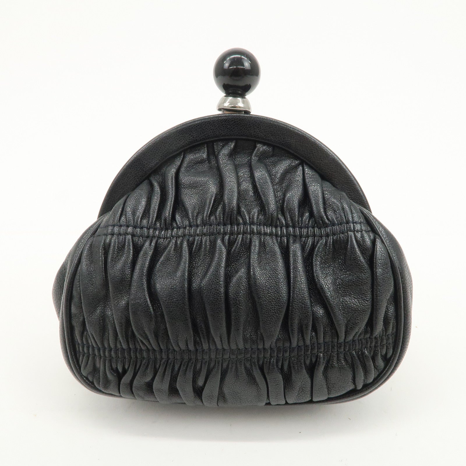 PRADA Logo Gathered Leather Pouch Compact Wallet Coin Case Black