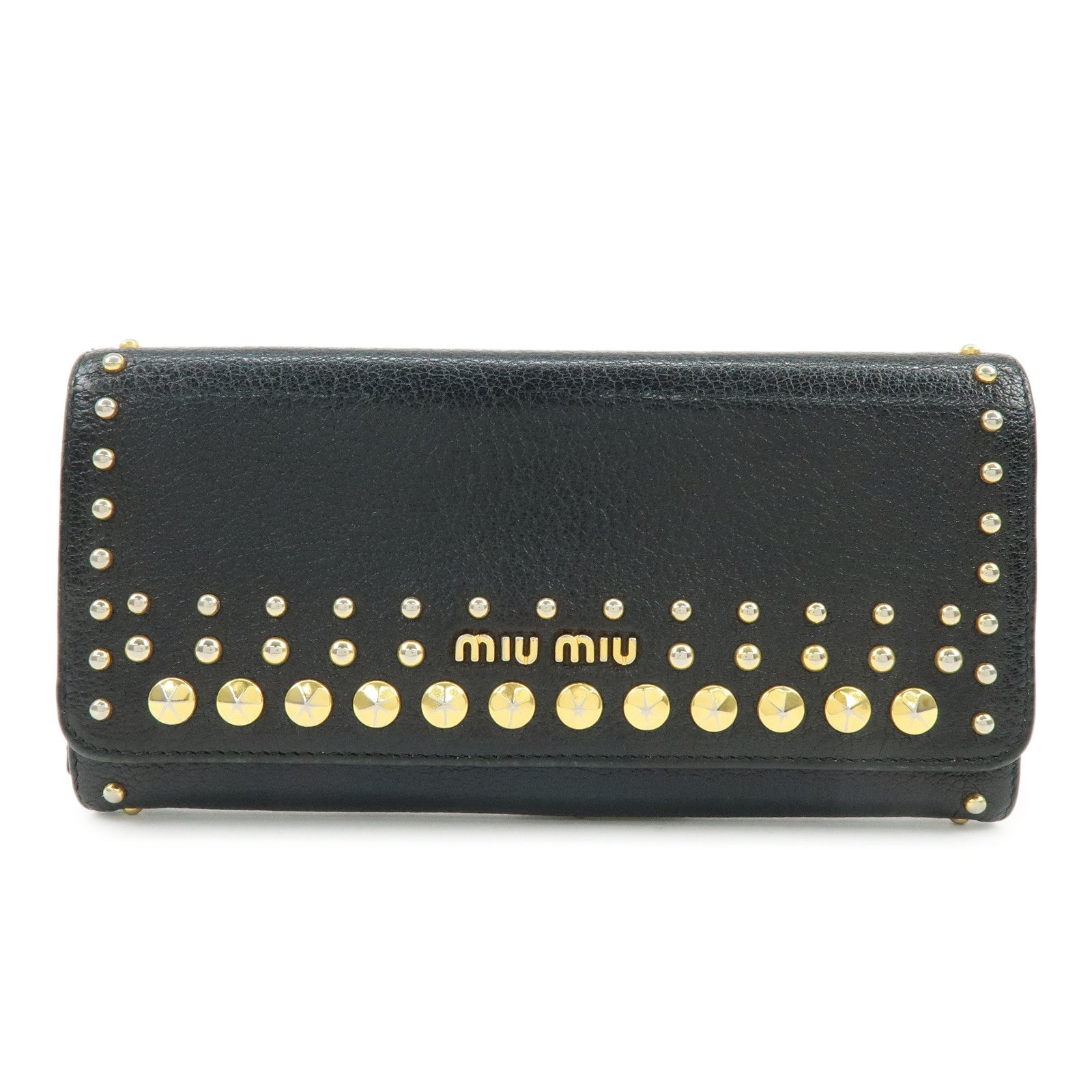 MIU MIU Logo Leather Studs Flap Long Wallet Black 5M1109