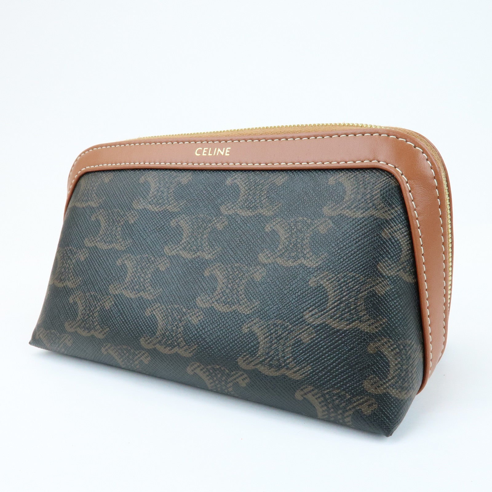 CELINE Triomphe PVC Calf Leather Cosmetic Pouch Accessory Pouch Tan
