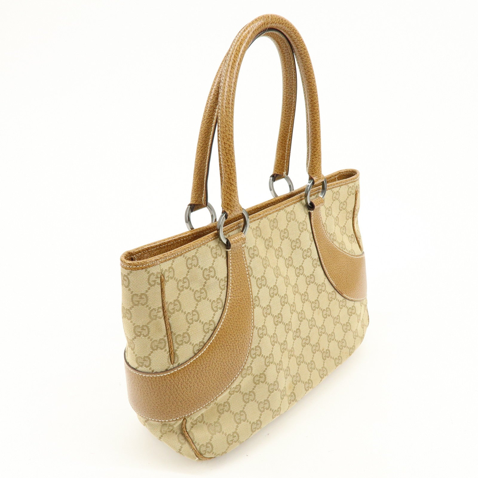 GUCCI GG Canvas Leather Tote Bag Hand Bag Beige Camel 113011