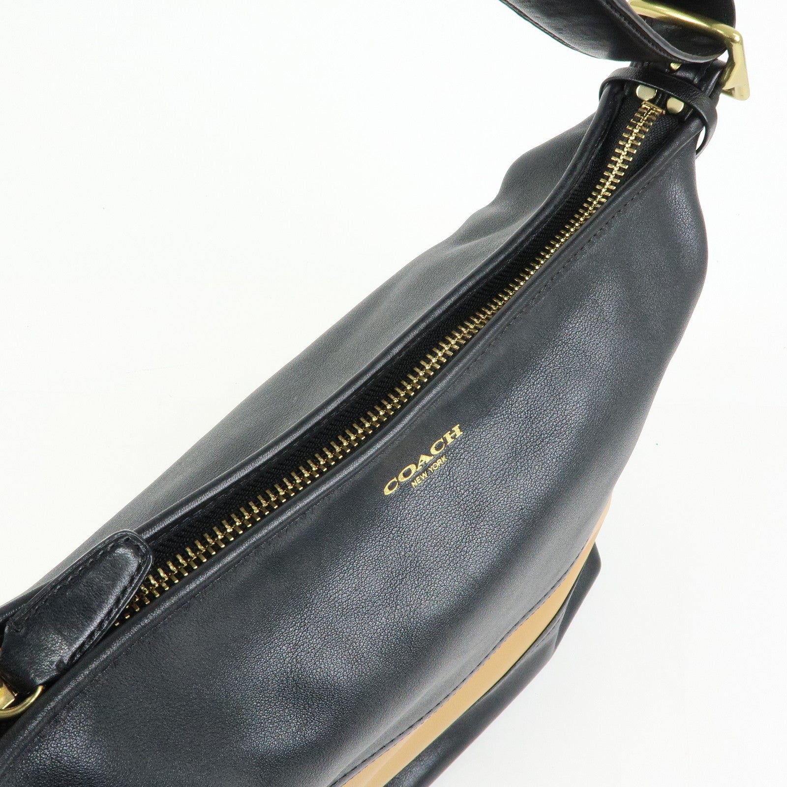 COACH Leather Shoulder Bag Tassel Charm Black Beige