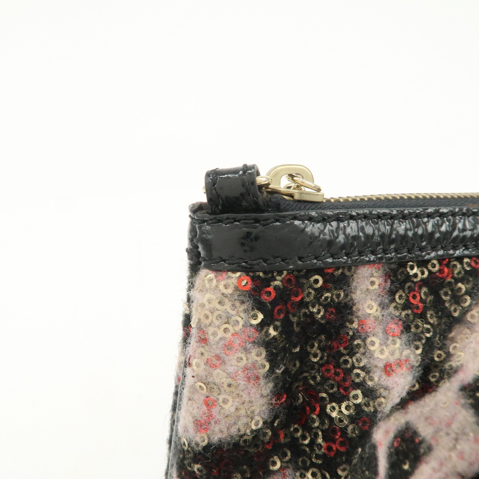 FENDI Wool Flip Sequin Leather Chain Bag Pouch Black Pink 8BR594