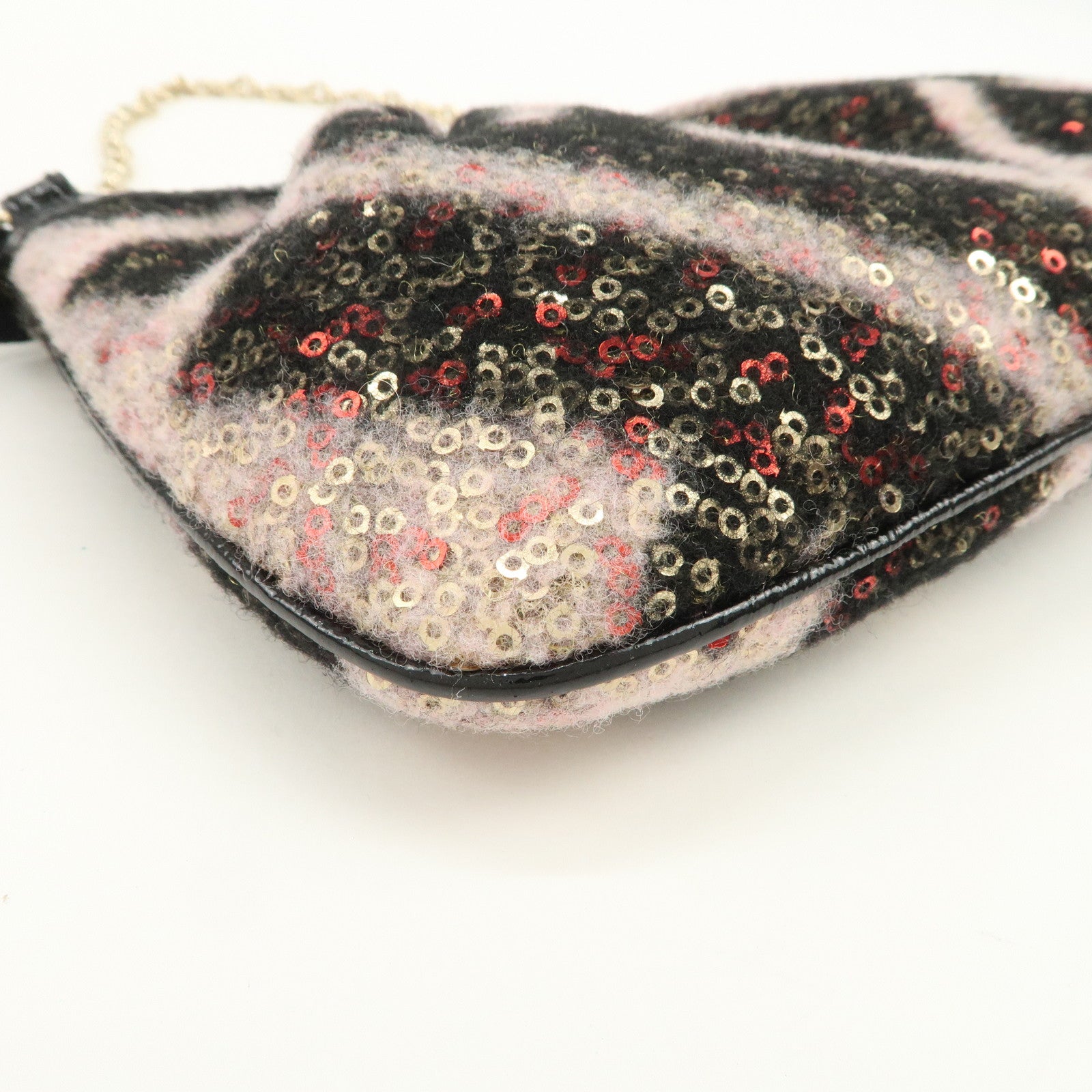 FENDI Wool Flip Sequin Leather Chain Bag Pouch Black Pink 8BR594