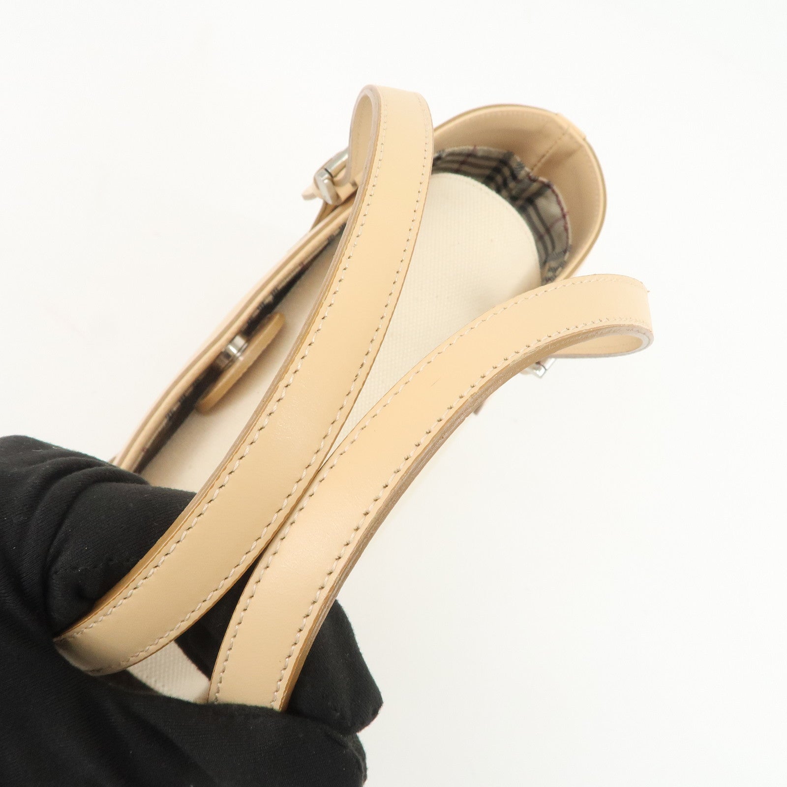 BURBERRY Cotton Leather Tote Bag Hand Bag Natural Beige