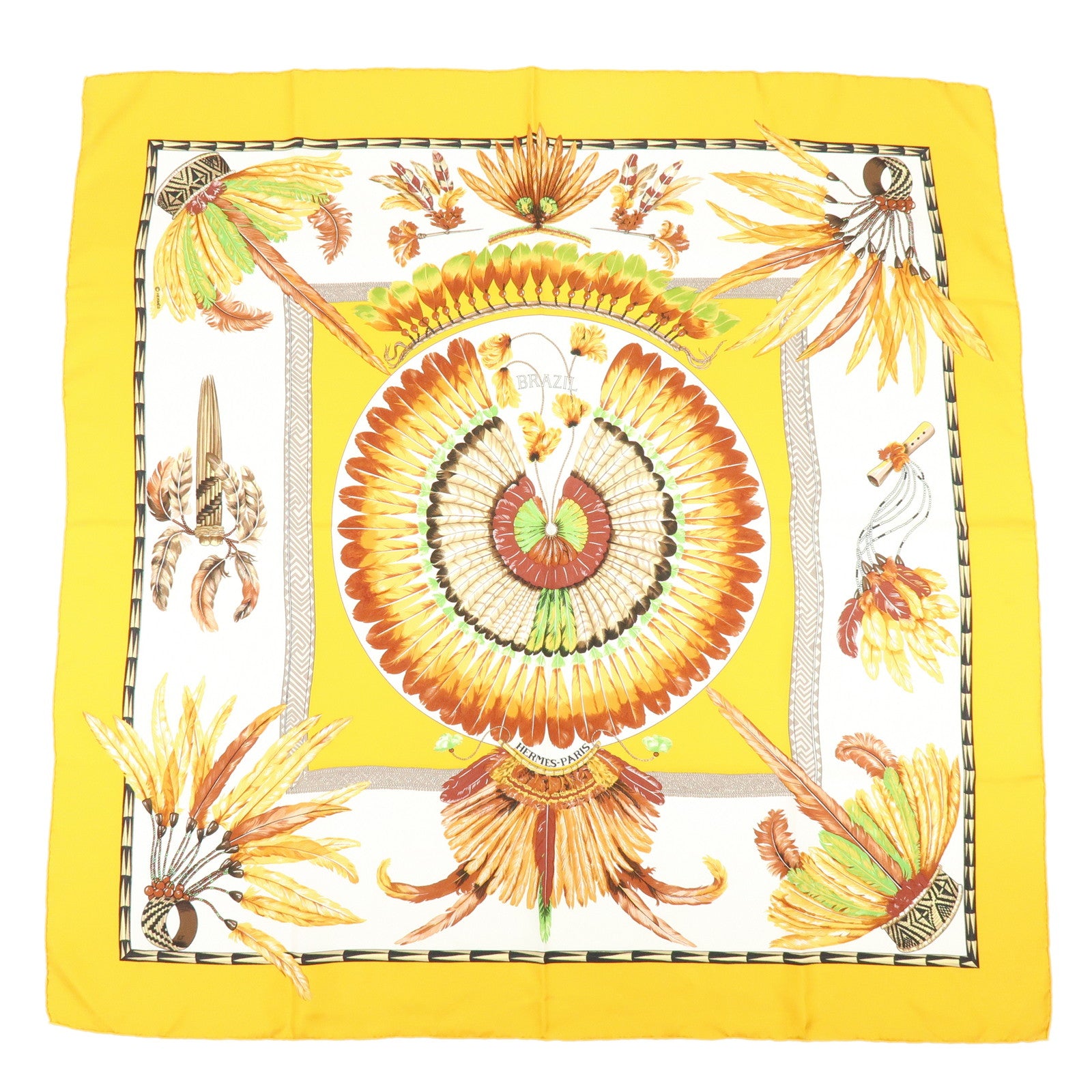 HERMES Carre 90 Silk 100% Scarf Brazil Yellow Brown