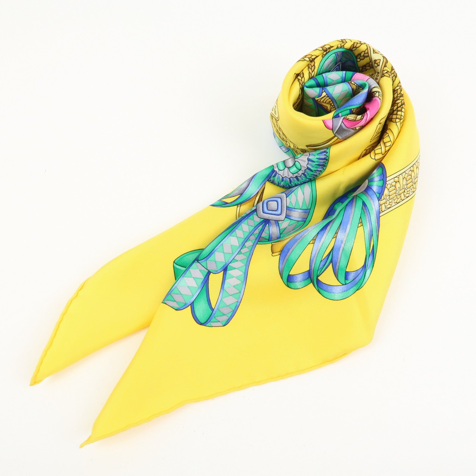 Hermes Carre 90 Silk 100% Scarf LES RUBANS DU CHEVAL Yellow