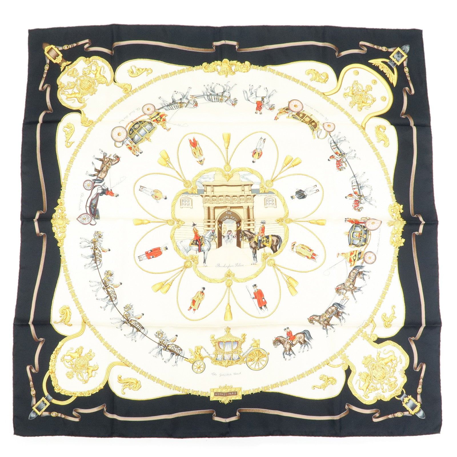 HERMES Carre 90 Silk 100% Scarf THE ROYAL MEWS Black White