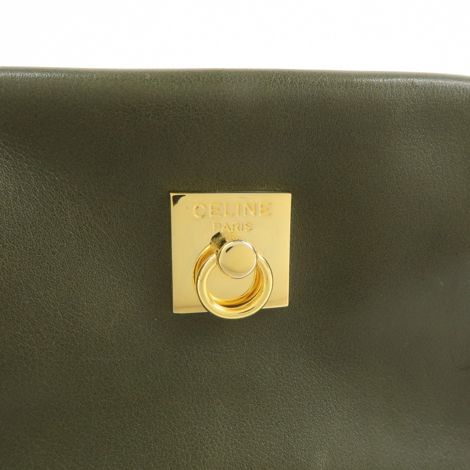 CELINE Logo Leather Accessory Pouch Cosmetic Case Khaki