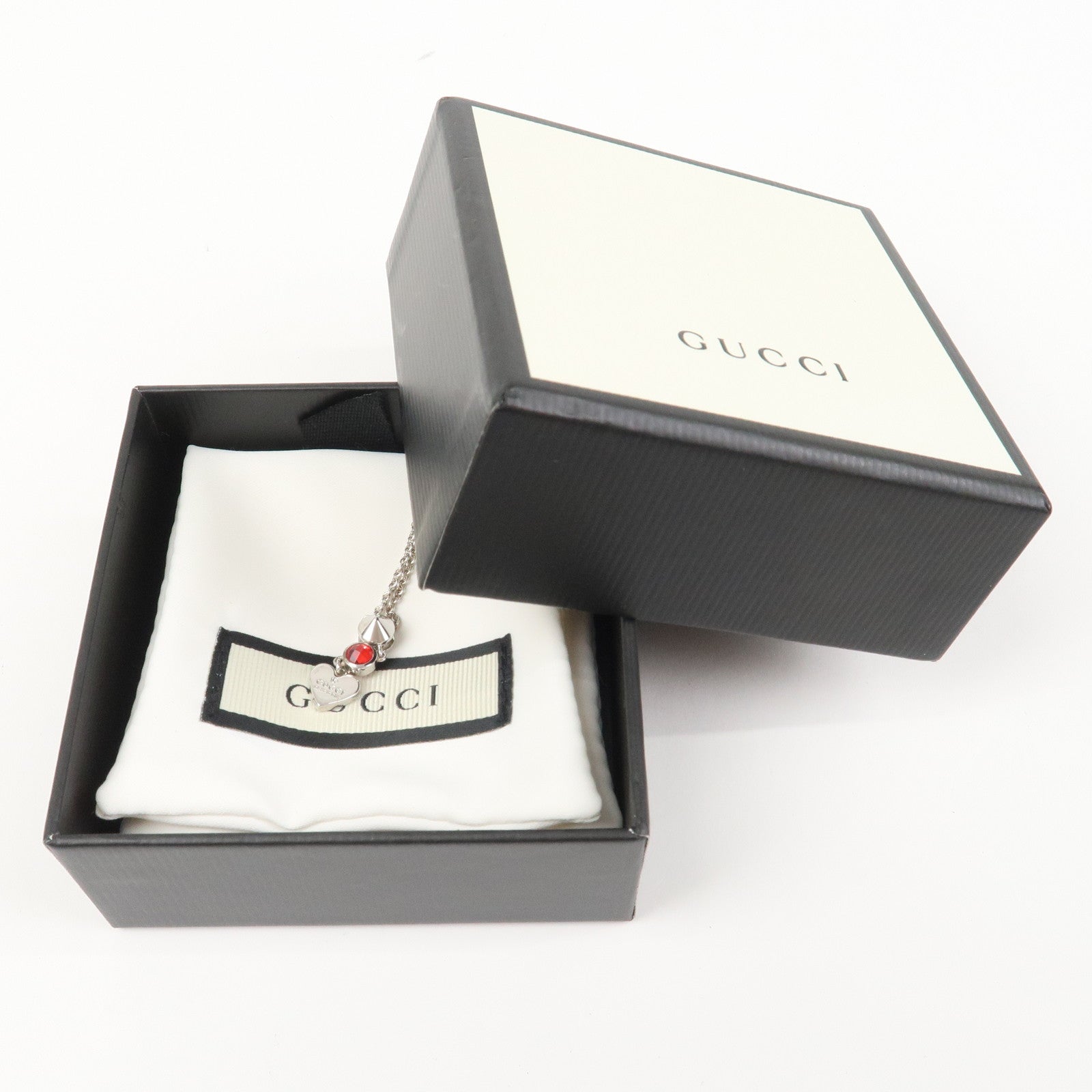 GUCCI SV925 Rhinestone Necklace Heart Silver Red 325871