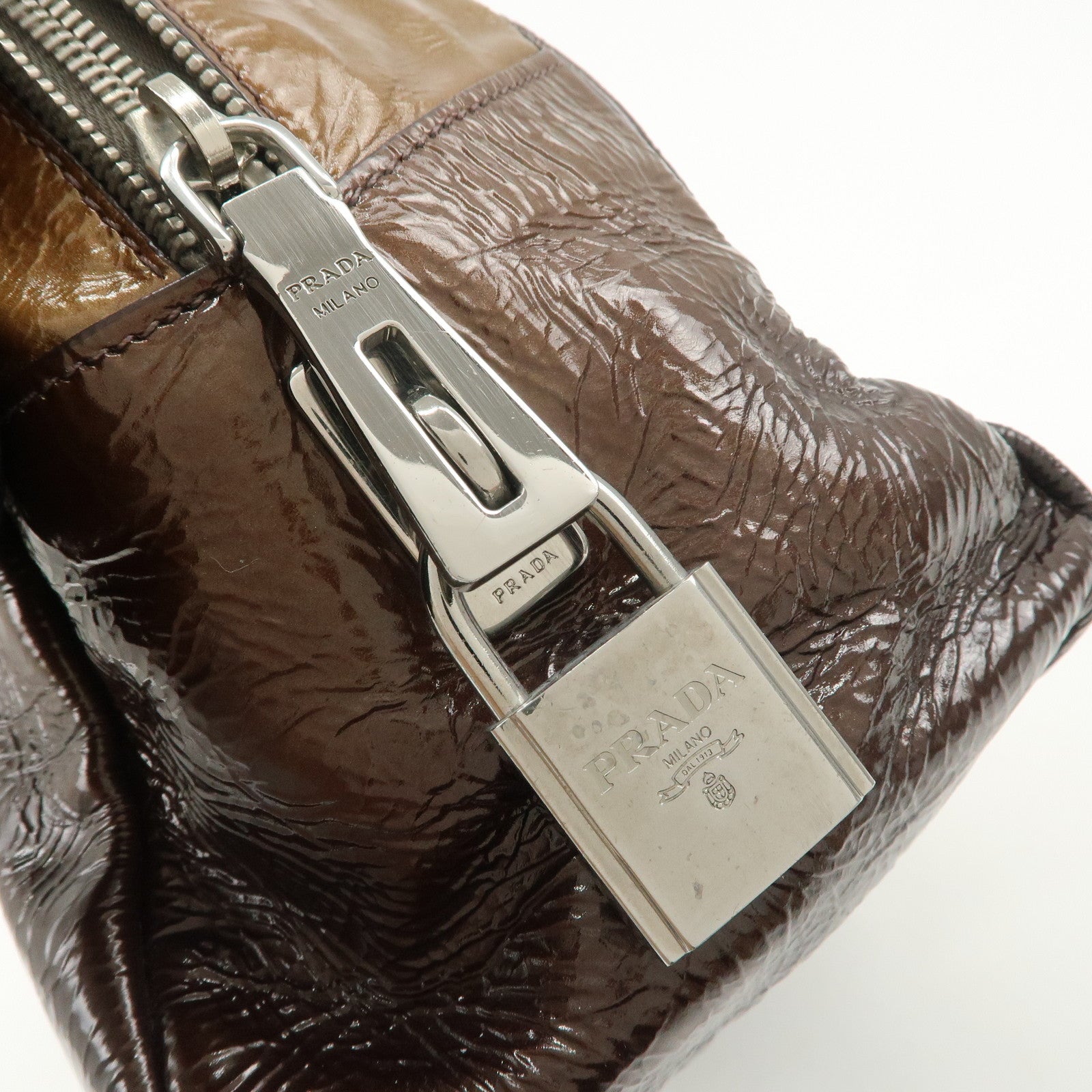 PRADA Logo Patent Leather Hand Bag Boston Bag Brown BL0555
