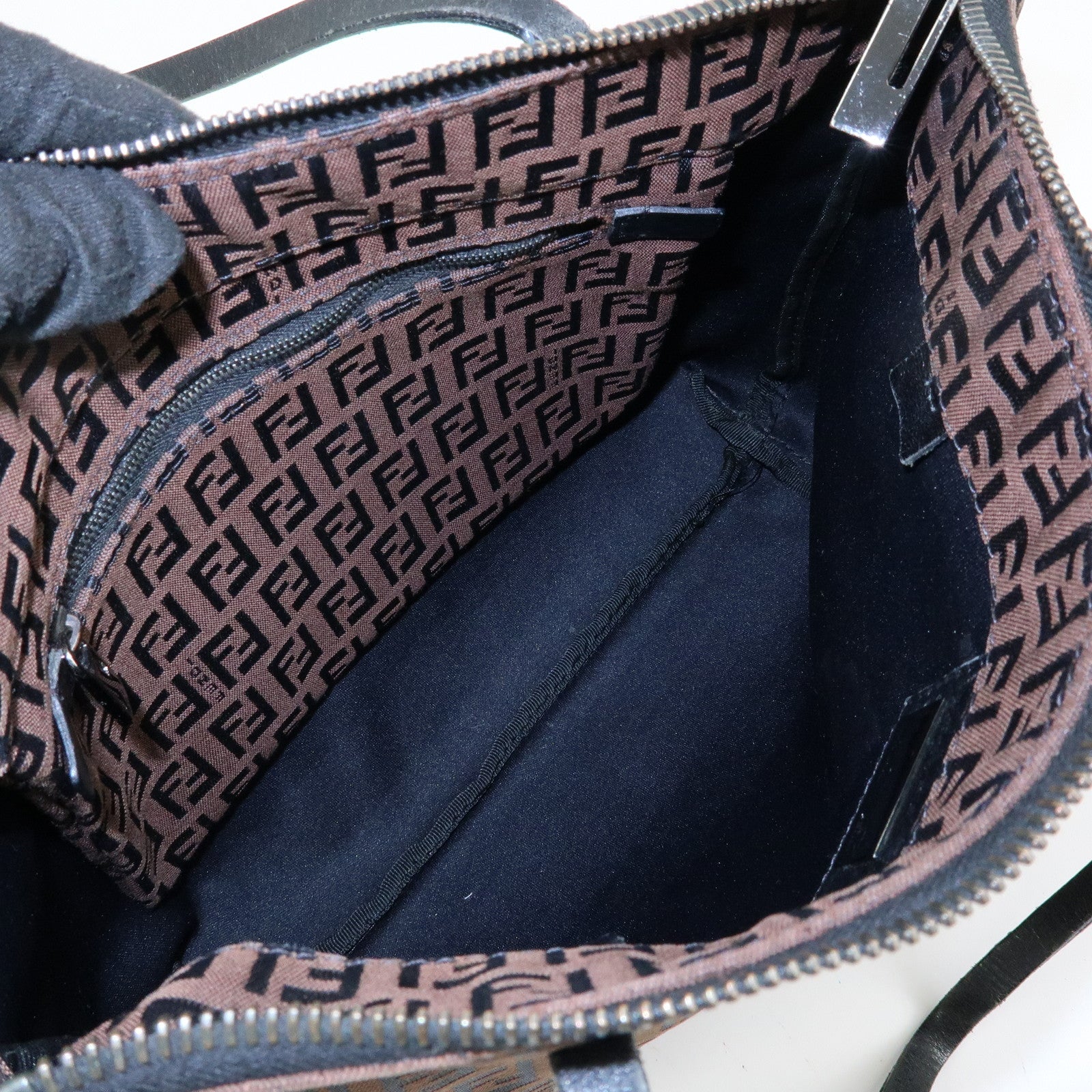 FENDI Zucchino Canvas Leather Tote Shoulder Bag Brown Black 8BH023