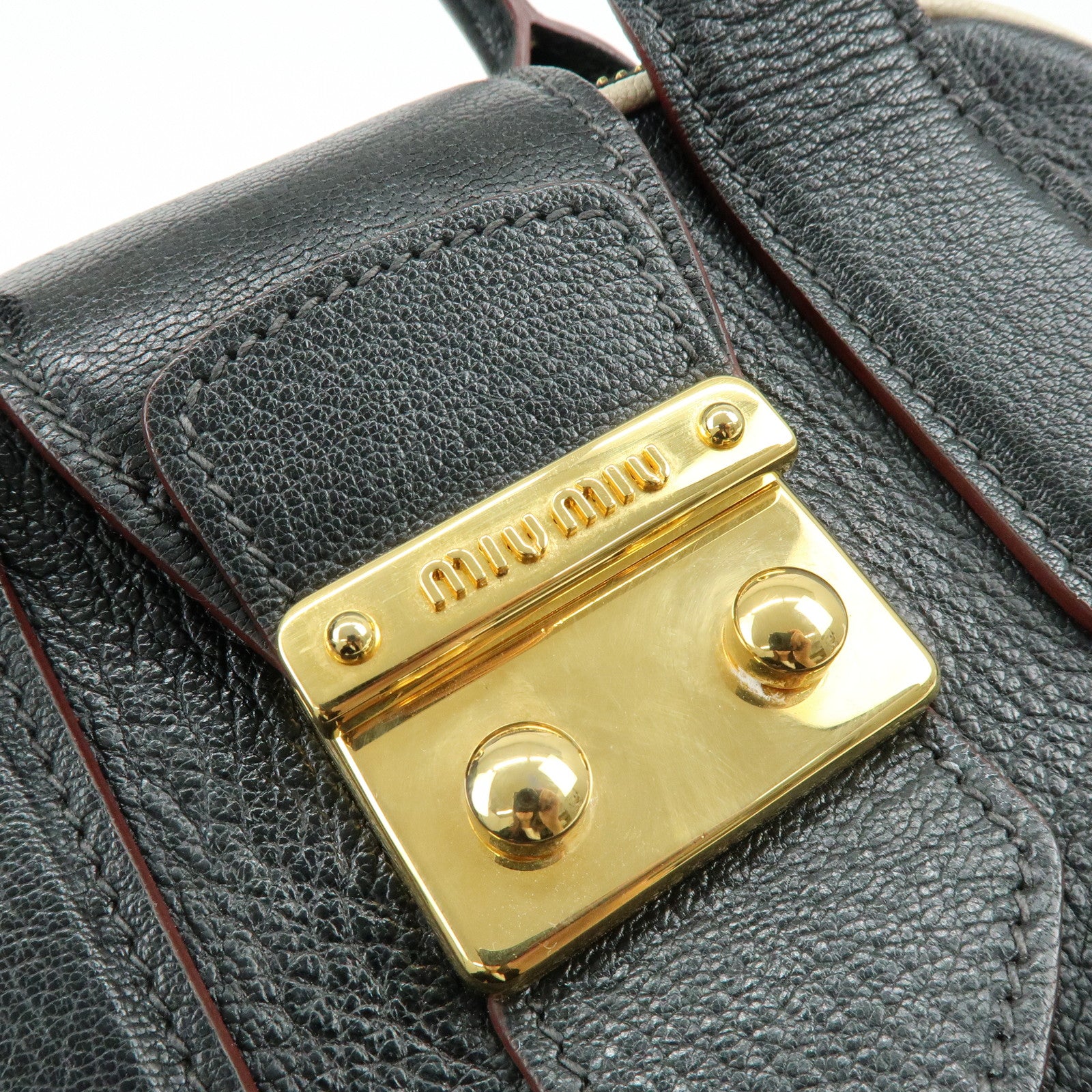 MIU MIU Logo Madras Leather 2Way Bag Hand Bag Shoulder Bag Black