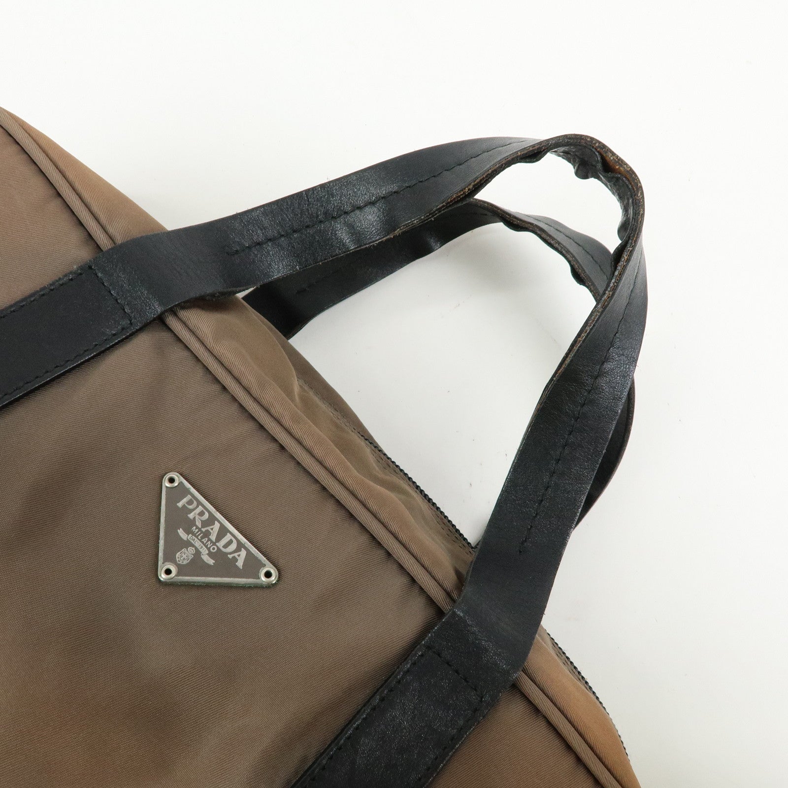 PRADA Triangle Logo Nylon Leather Hand Bag Brown Black