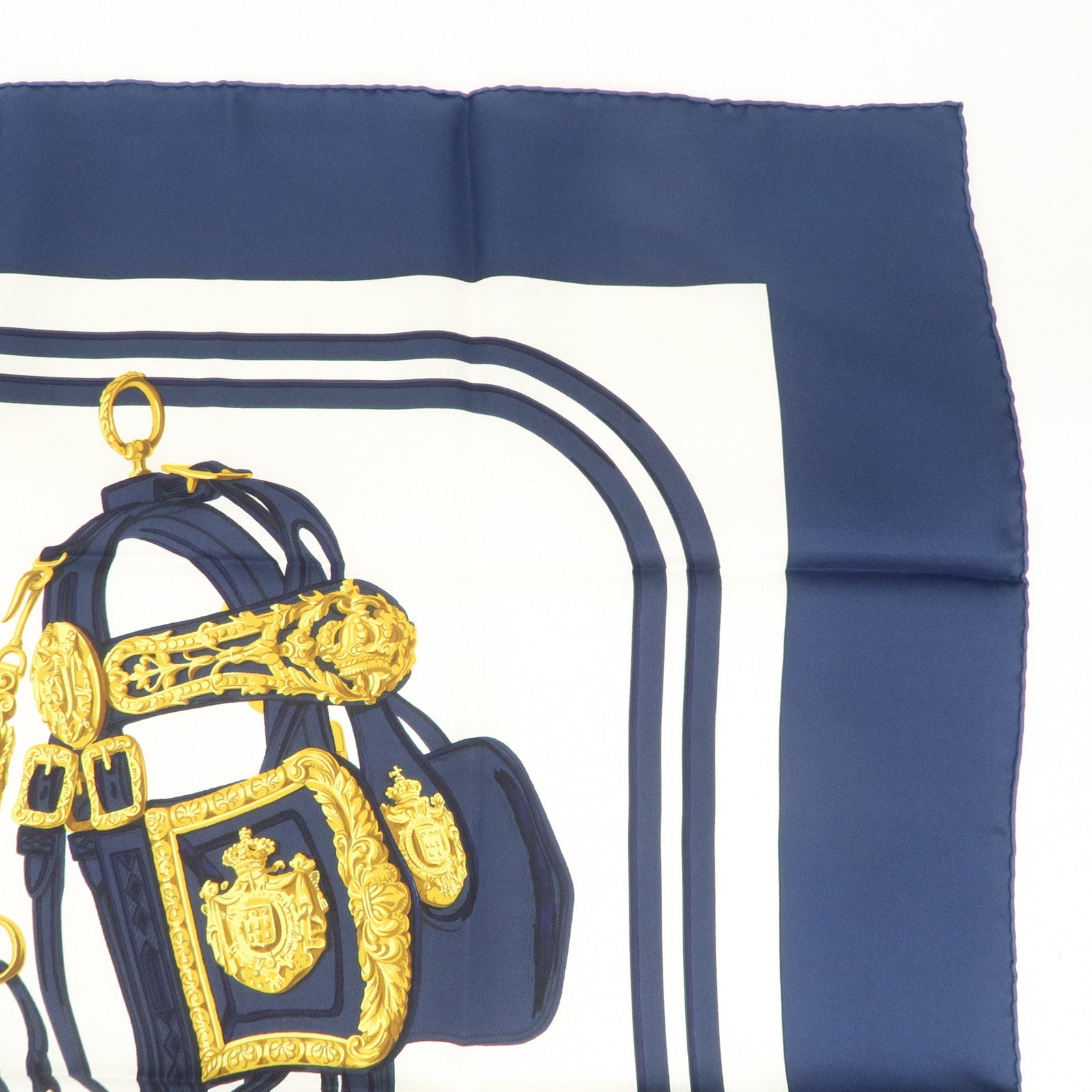 HERMES Carre 90 Silk 100% Scarf BRIDES DE GALA Navy White