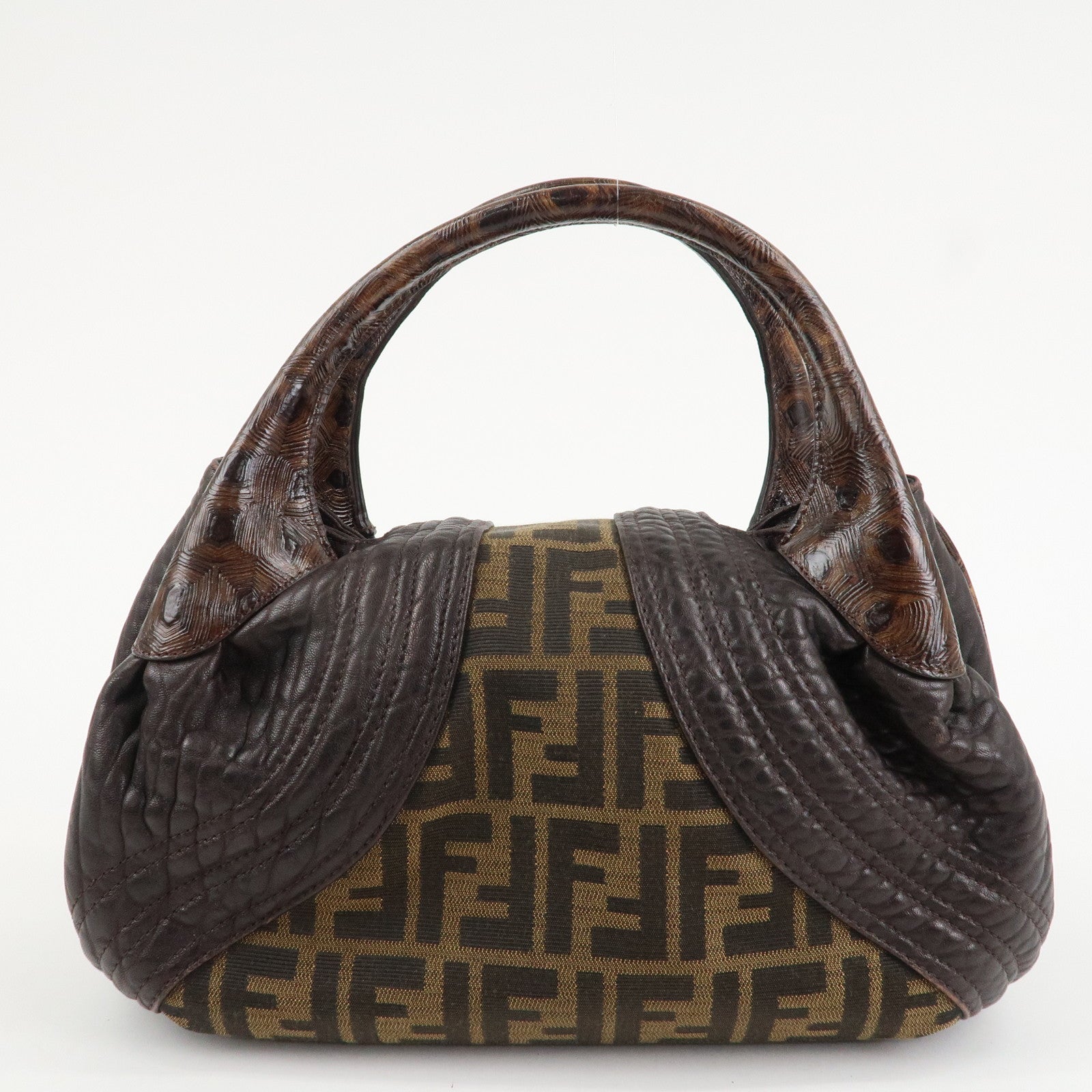 FENDI Zucca Mini Spy Canvas Leather Hand Bag Brown Black 8BR589