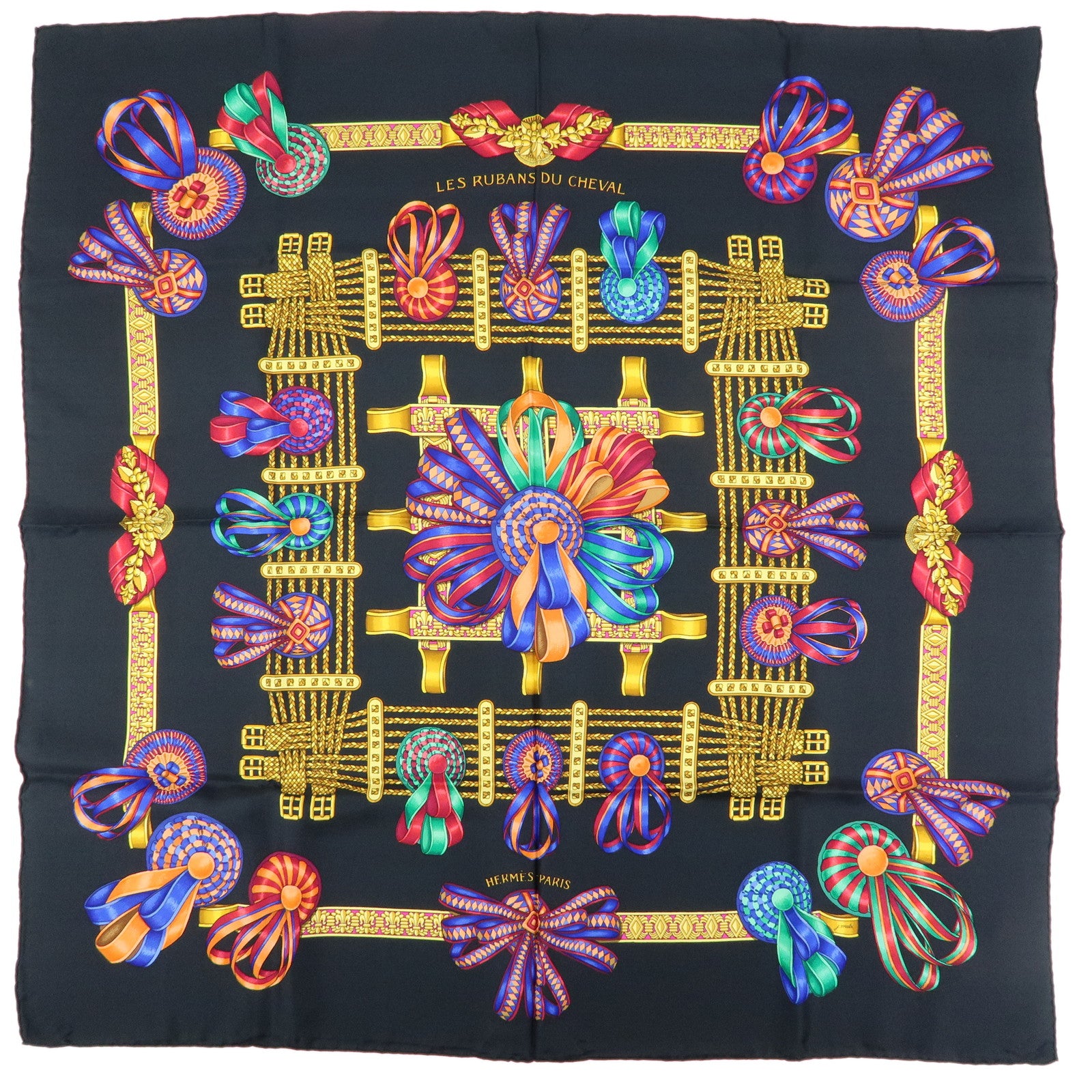 HERMES Carre 90 Silk 100% LES RUBANS DU CHEVAL Scarf Black