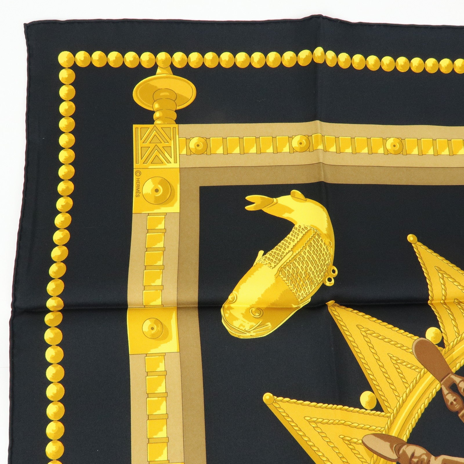 HERMES Carre 90 Silk 100% Scarf CUILLERS D'AFRIQUE Black Gold