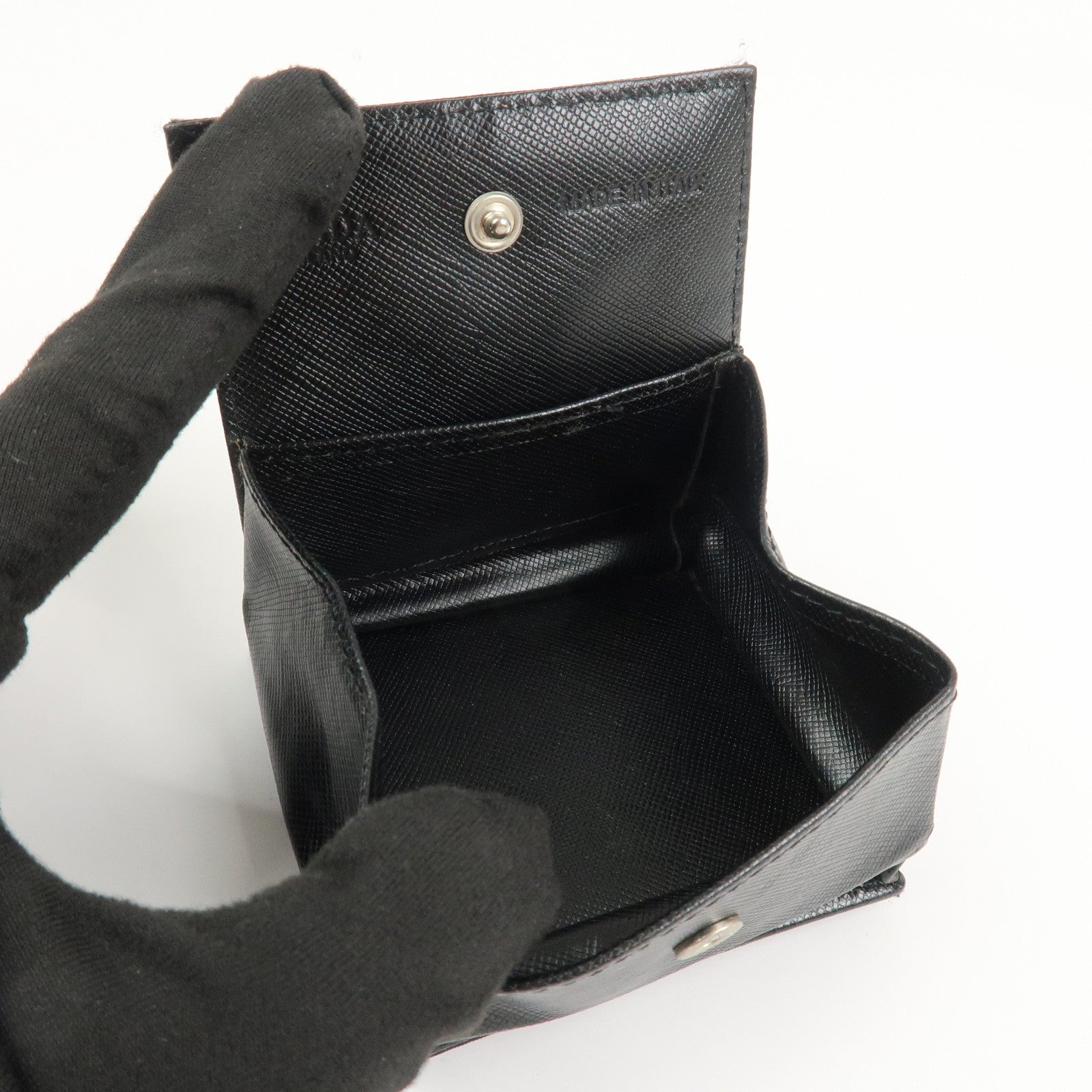 PRADA Triangle Logo Nylon Saffiano Leather Coin Case Black M634