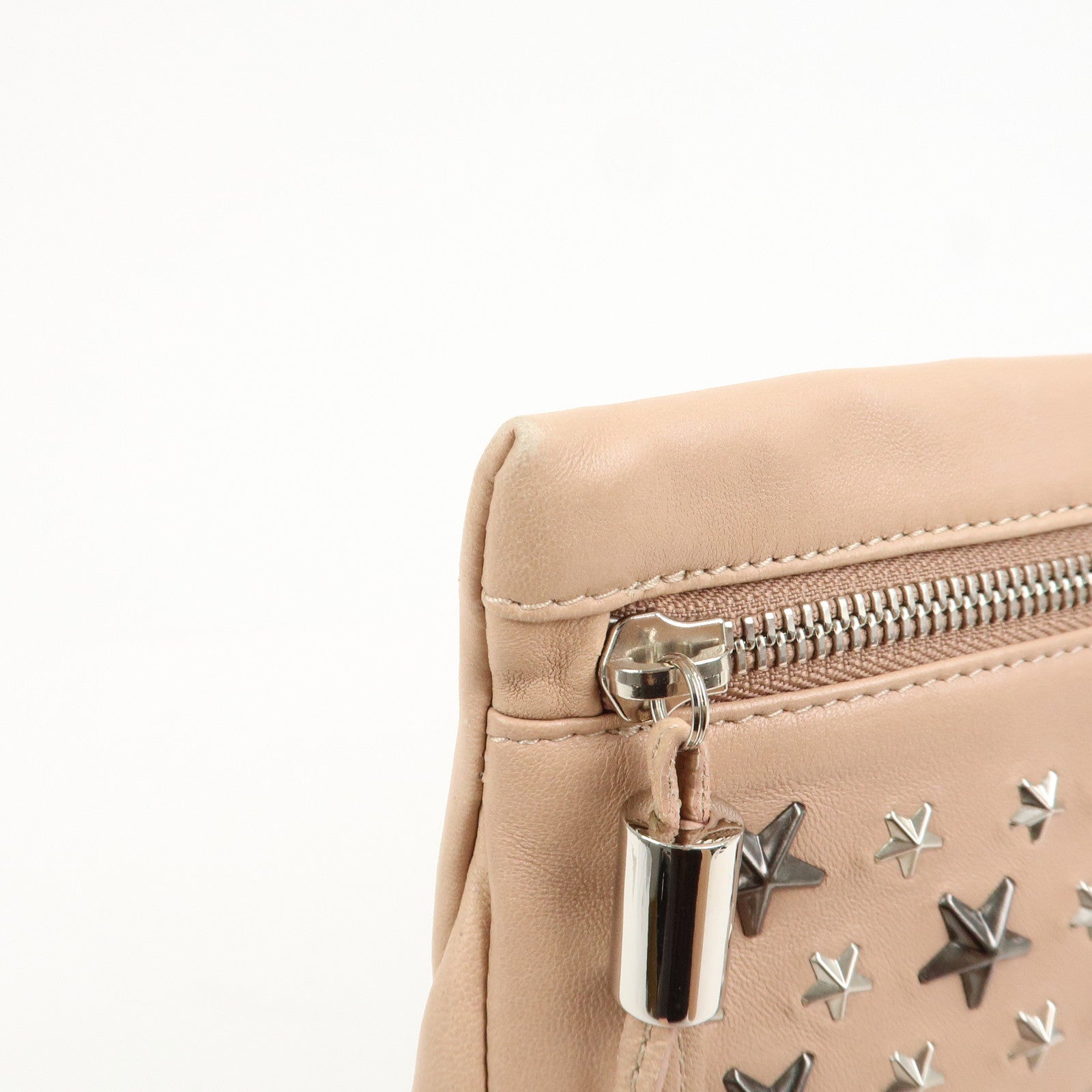 JIMMY CHOO Studs Leather Clutch Bag Hand Bag Pink Beige