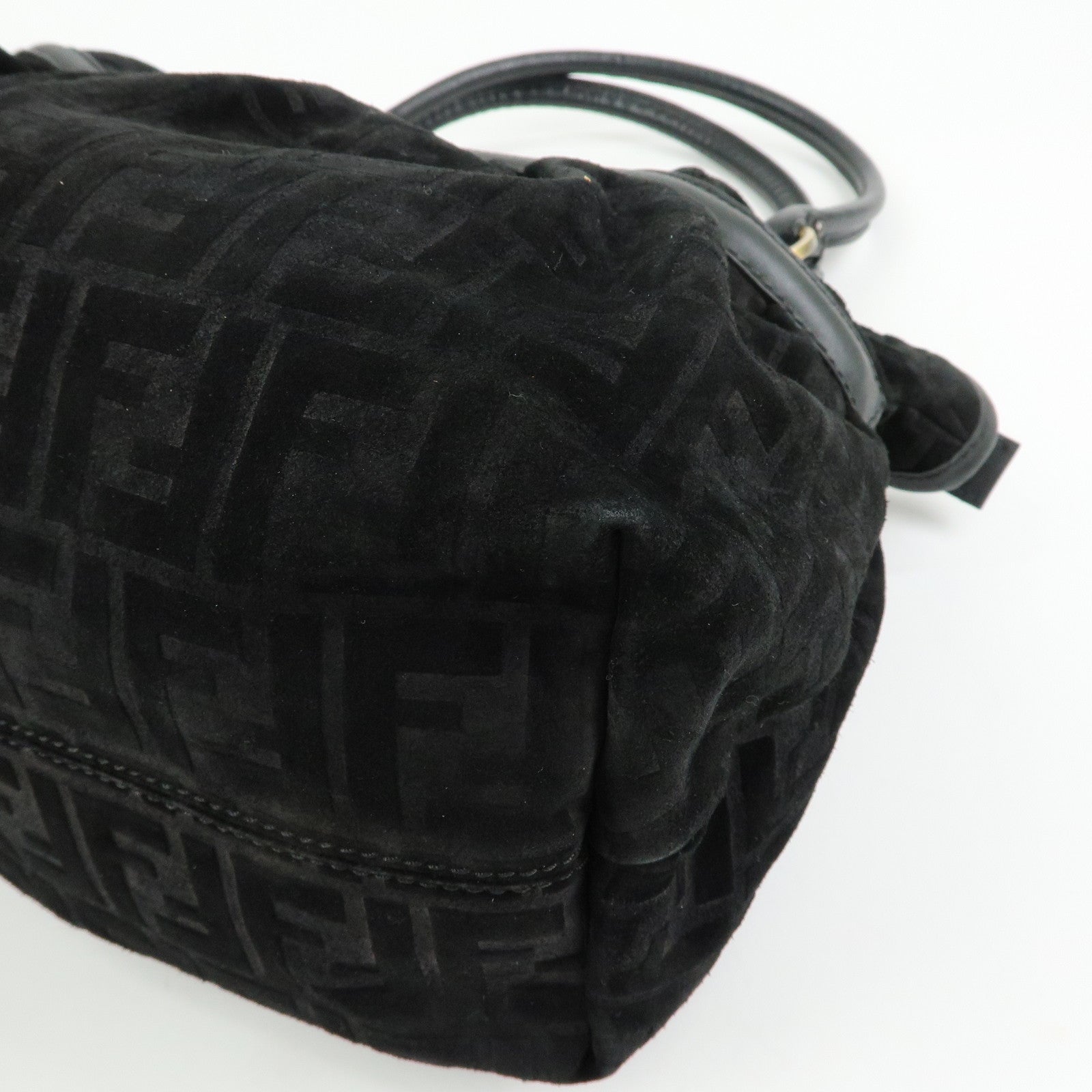 FENDI Zucca Suede Leather Gathered Shoulder Bag Black 8BH186