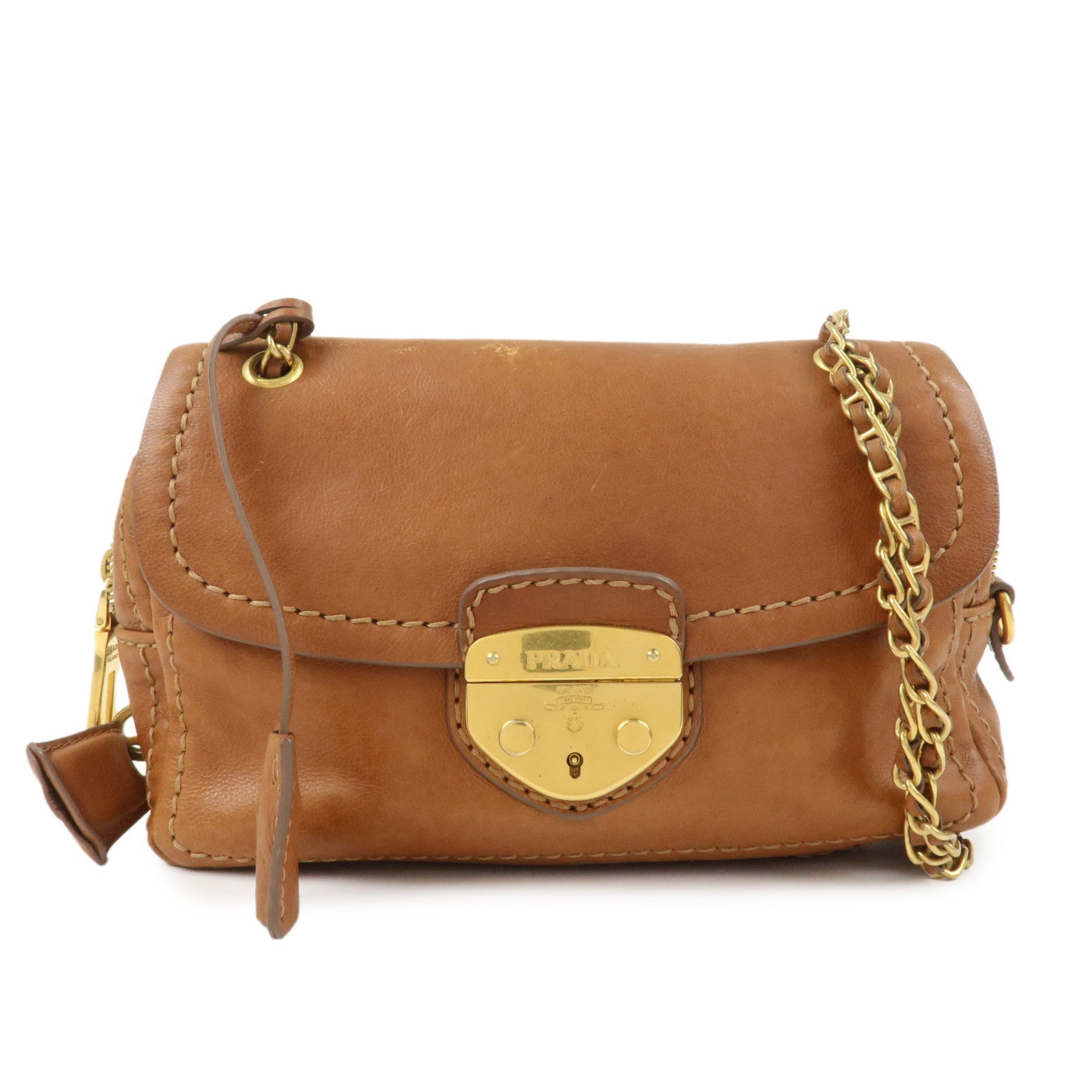 PRADA Logo Leather Chain Shoulder Bag Crossbody Bag Camel