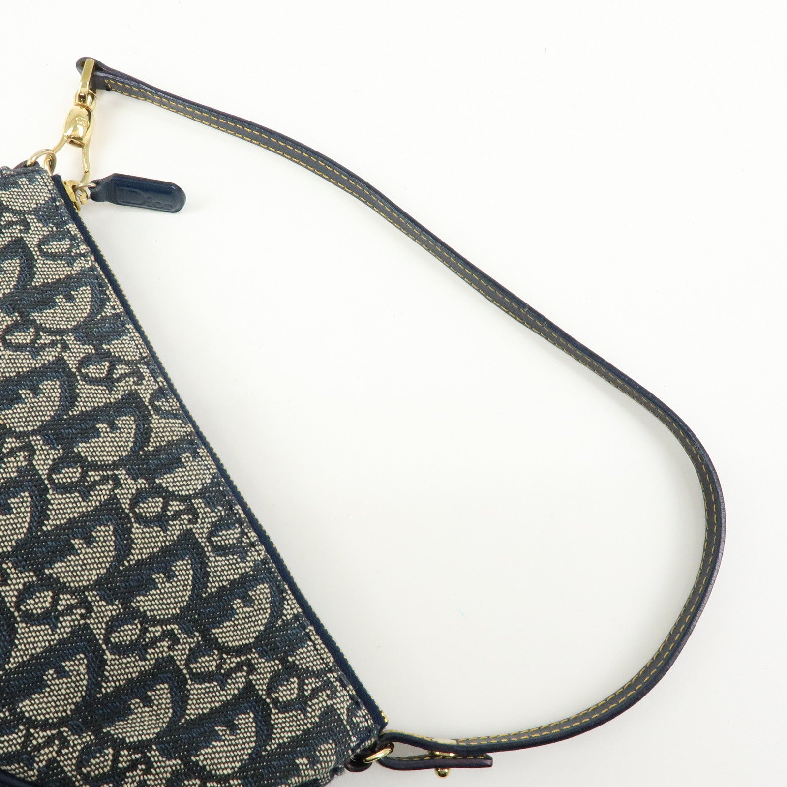 Christian Dior Saddle Oblique Canvas Leather Hand Bag Navy White