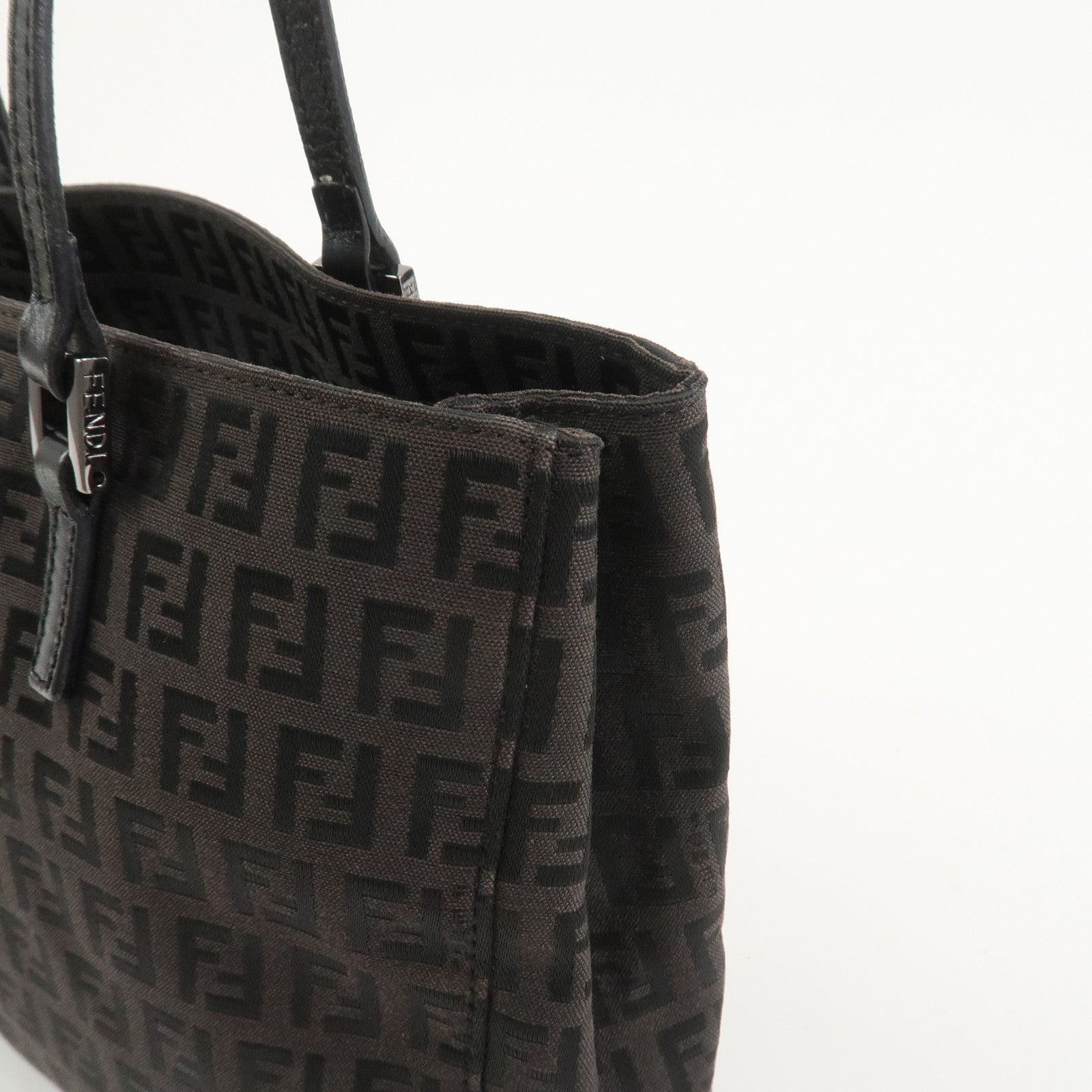 FENDI Zucchino Canvas Leather Hand Bag Tote Bag Dark Brown 8BH132