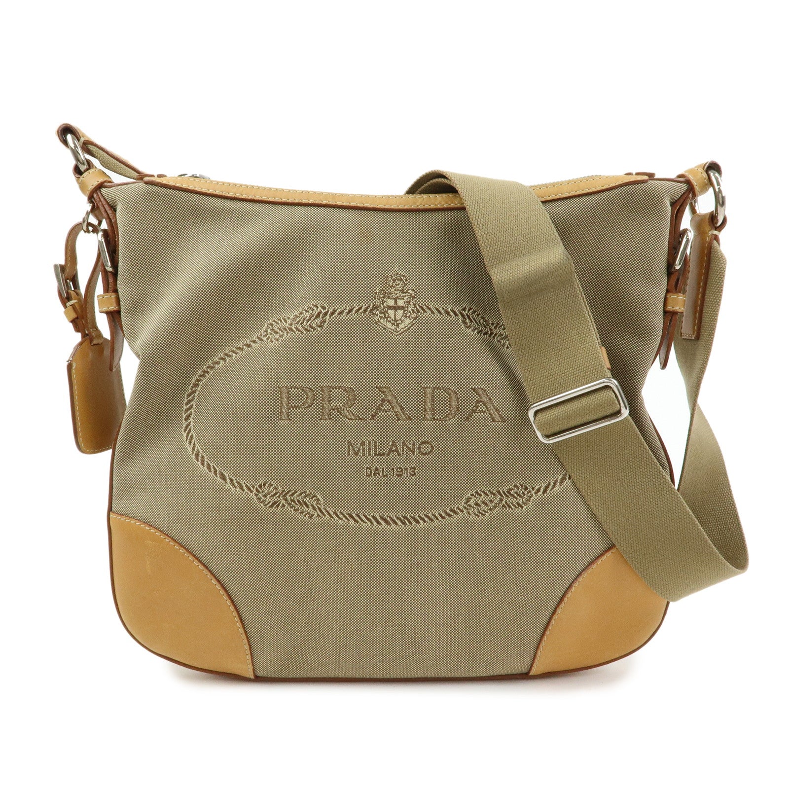 PRADA Logo Jacquard Leather Shoulder Bag Crossbody Bag Camel BT0533