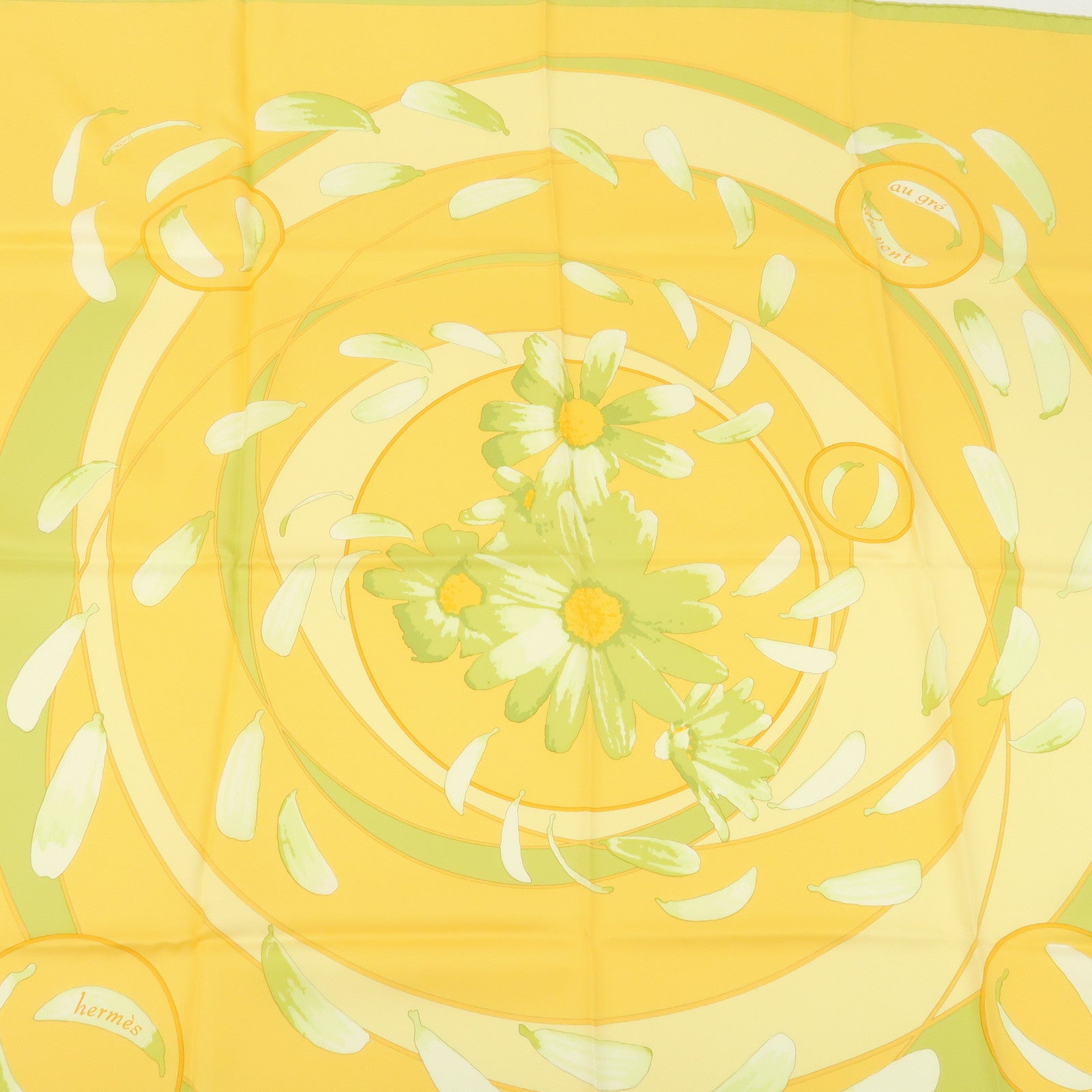 HERMES Carre 90 Silk 100% Scarf Au Gre Du Ven Yellow Light Green Used