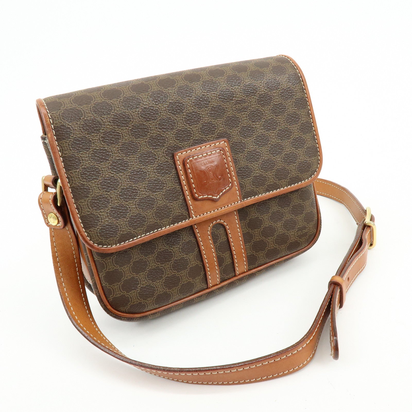 CELINE Macadam PVC Canvas Leather Shoulder Crossbody Bag Brown