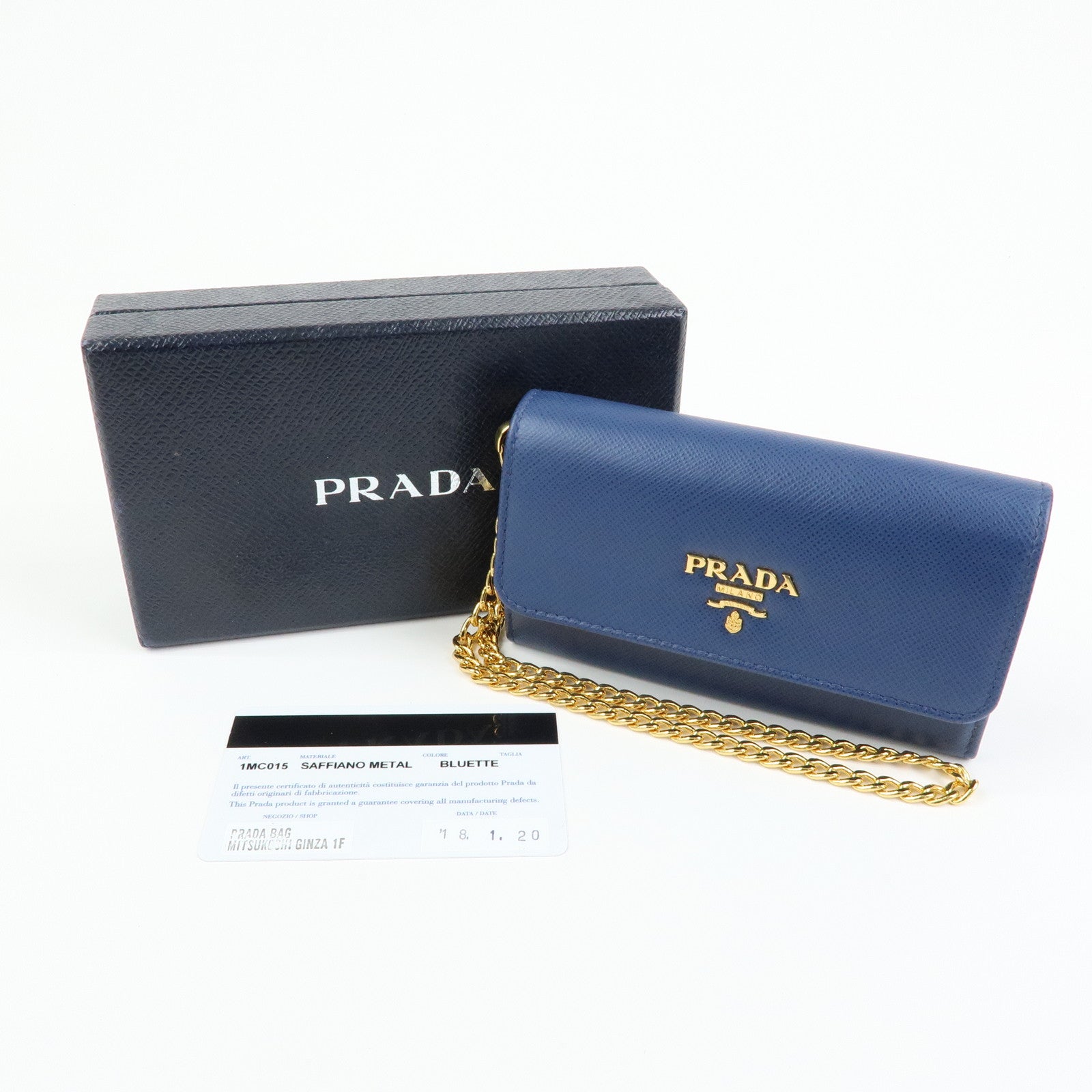 PRADA Saffiano Leather Compact Wallet Card Case Blue 1MC015