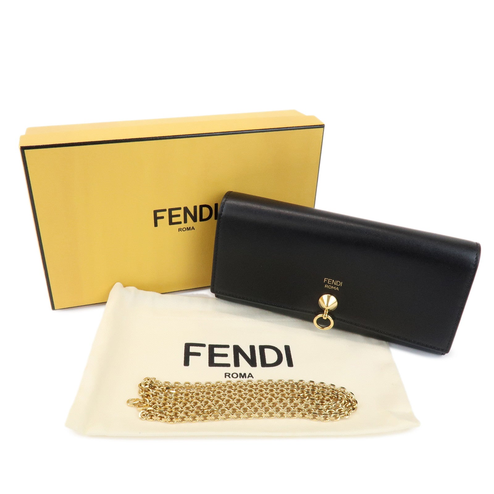 FENDI Leather Chain Wallet WOC Flap Wallet Black 8M0365