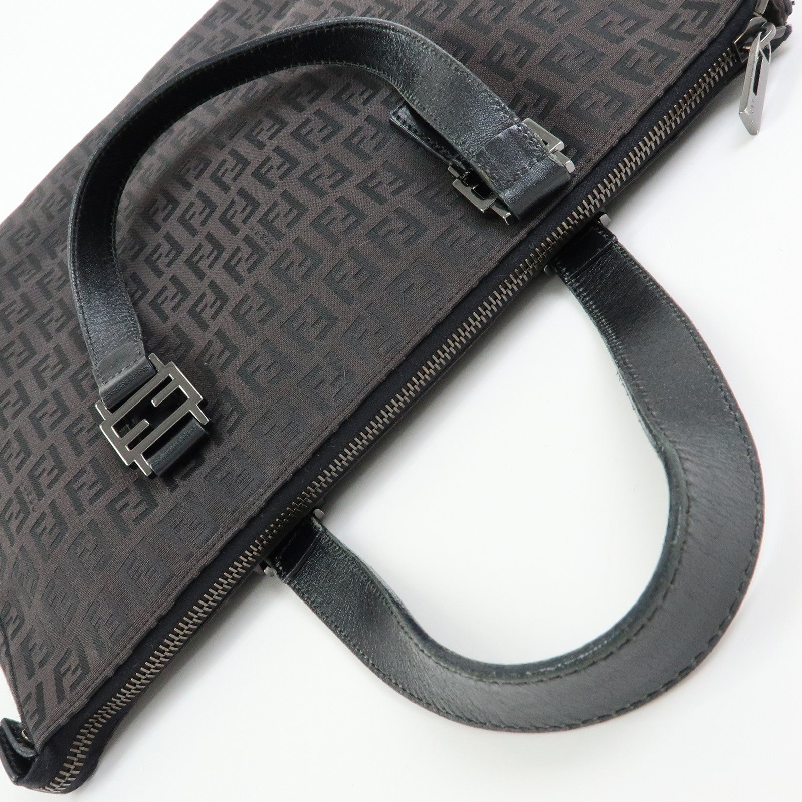 FENDI Zucchino Canvas Leather Tote Bag Hand Bag Black