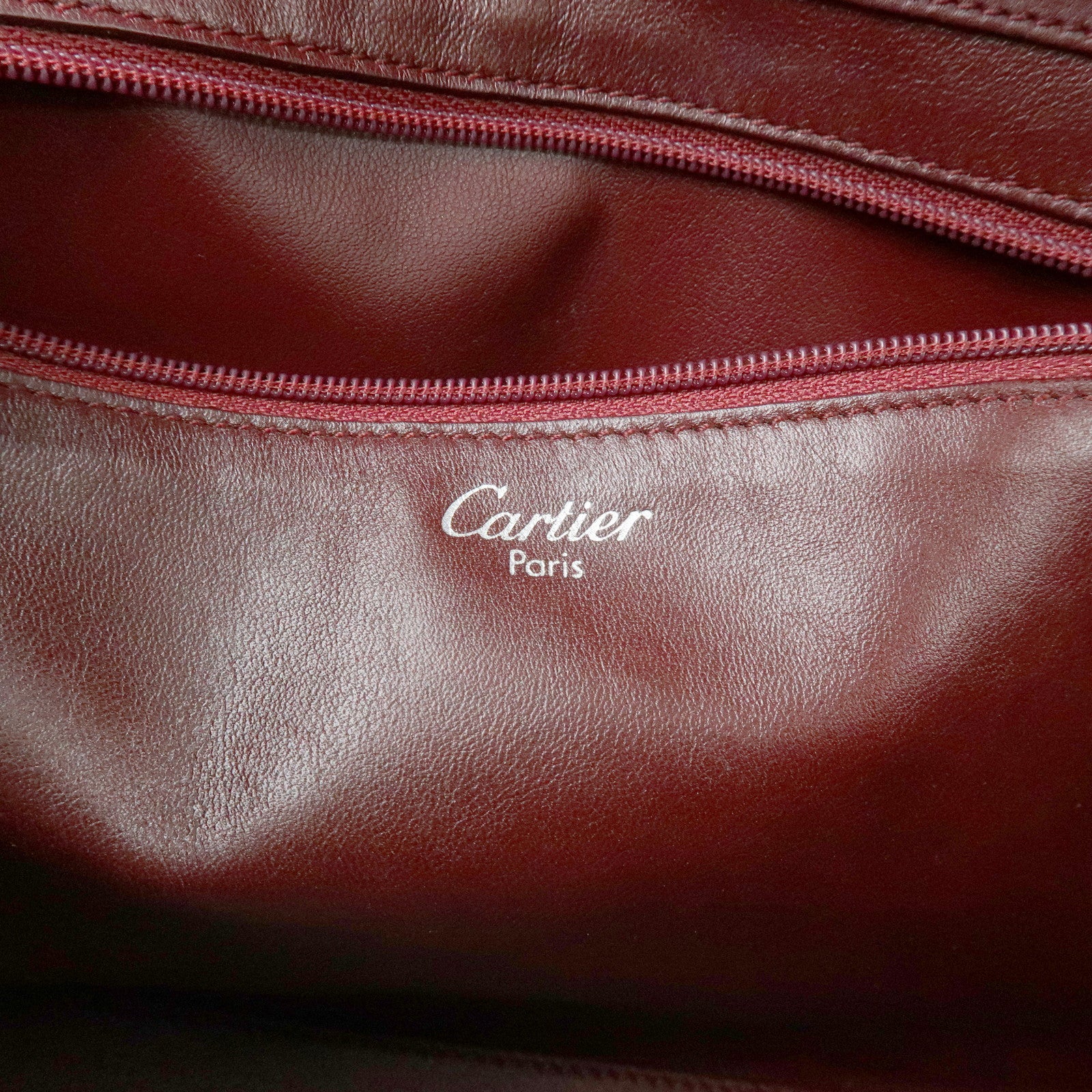 Cartier Cabochon Leather Hand Bag Tote Bag Wine Red