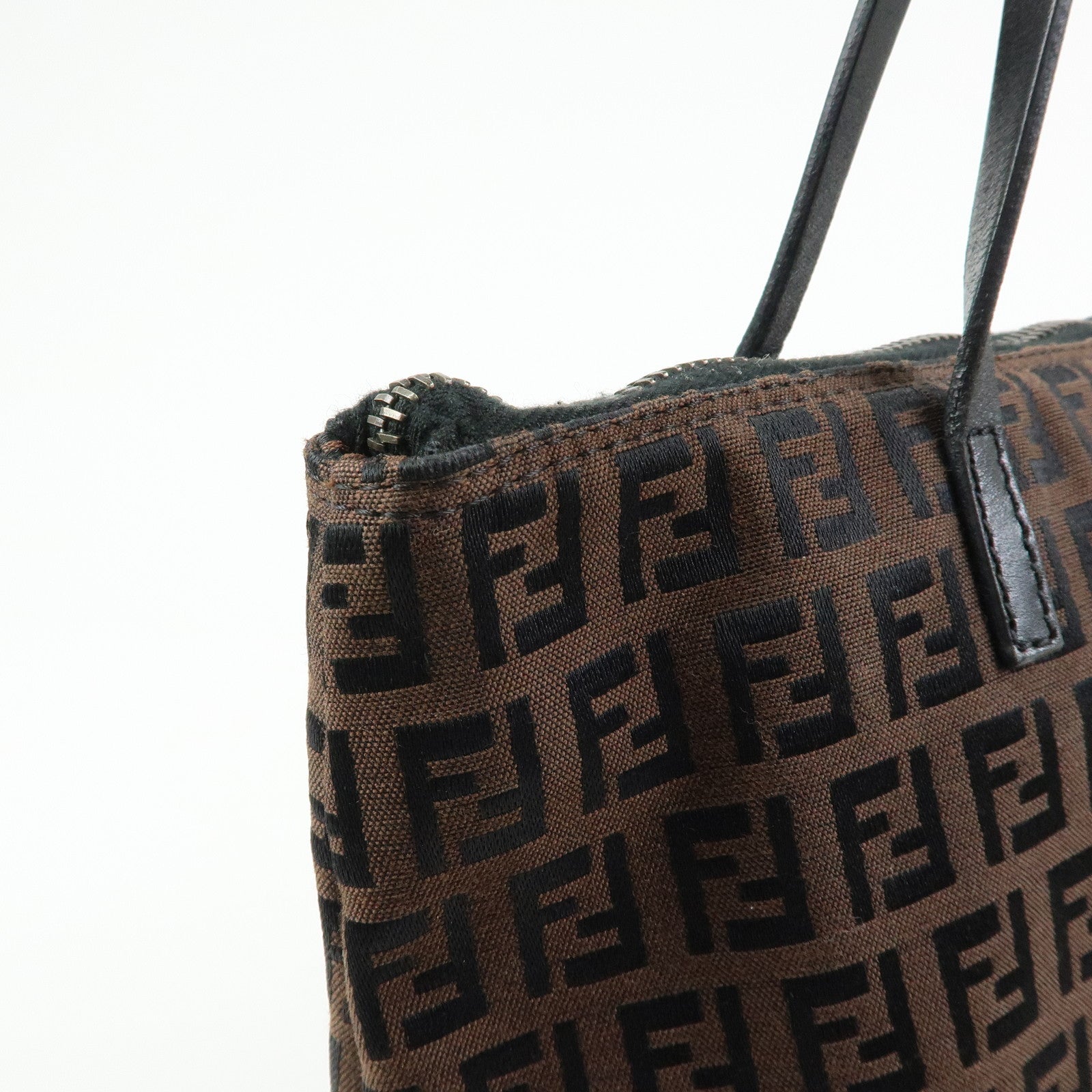 FENDI Zucchino Canvas Leather Tote Bag Shoulder Bag Brown 8BH023