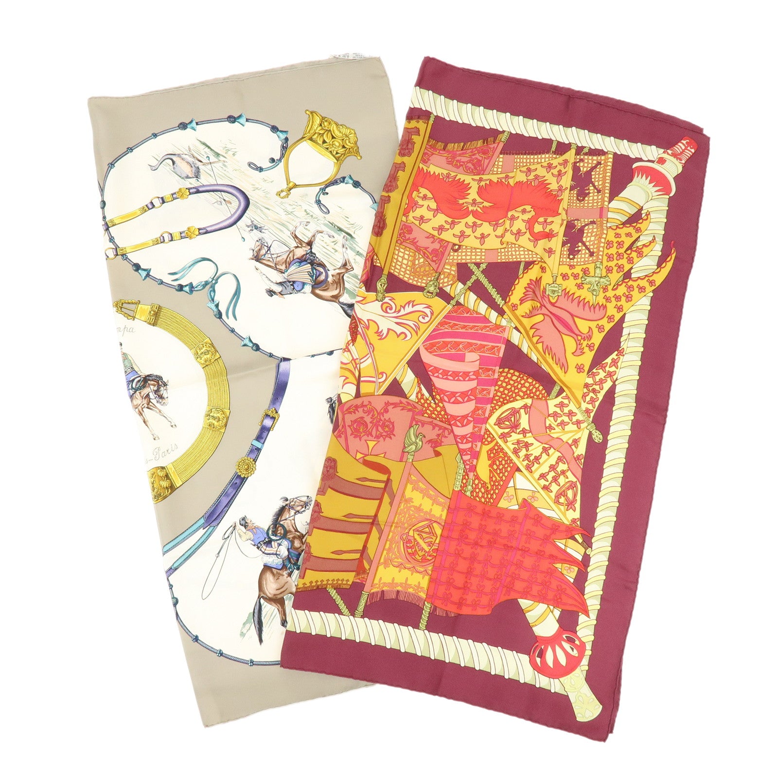 HERMES Carre 90 Set of 2 Silk 100% Scarf Bordeaux Beige