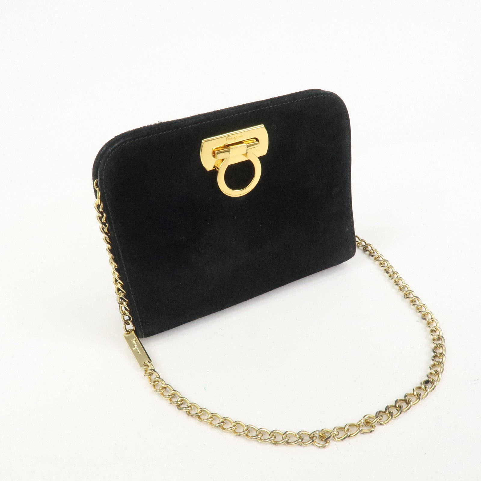 Ferragamo Gancini Suede Leather Chain Shoulder Bag Black