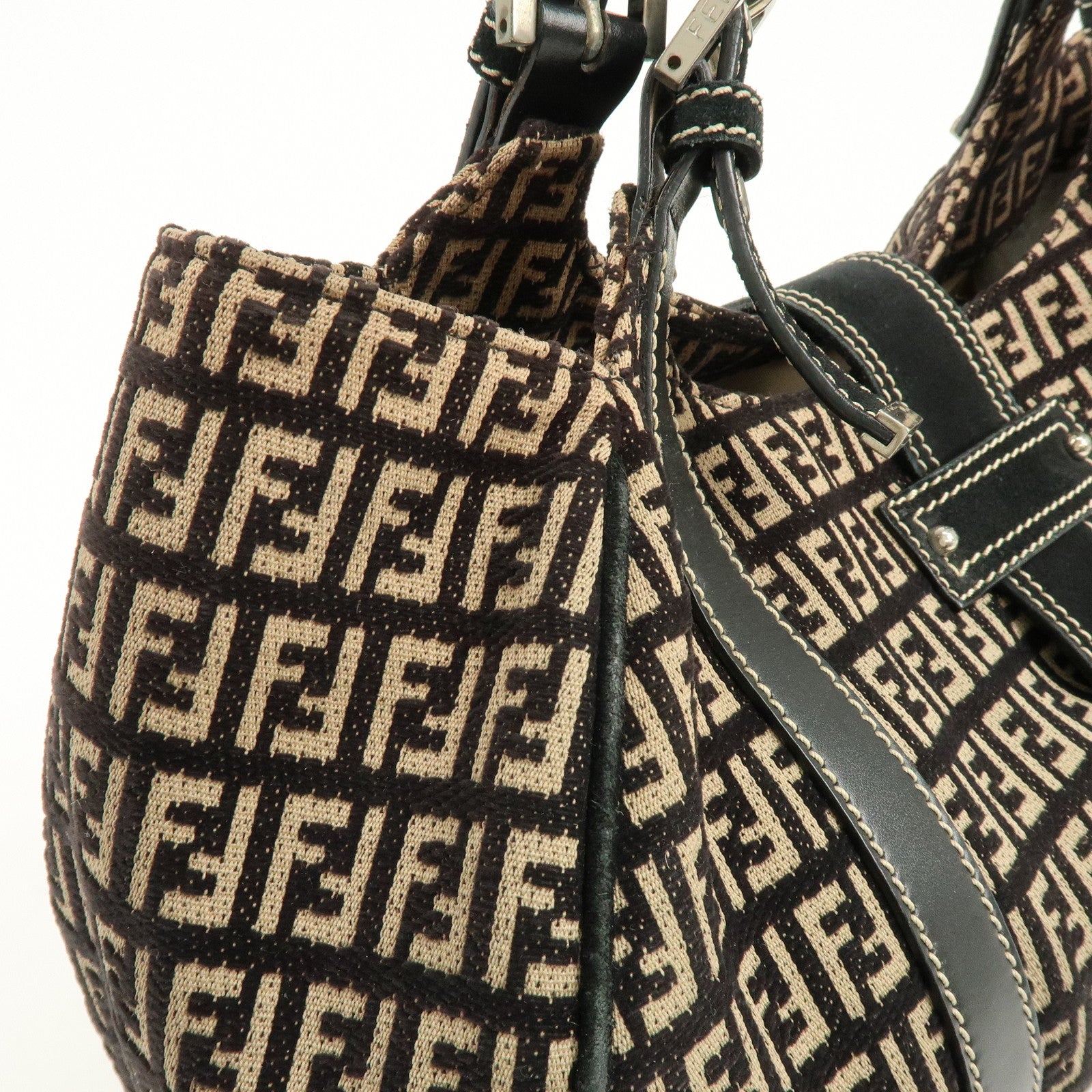 FENDI Zucchino Canvas Suede Leather Tote Bag Black Beige 8BR091