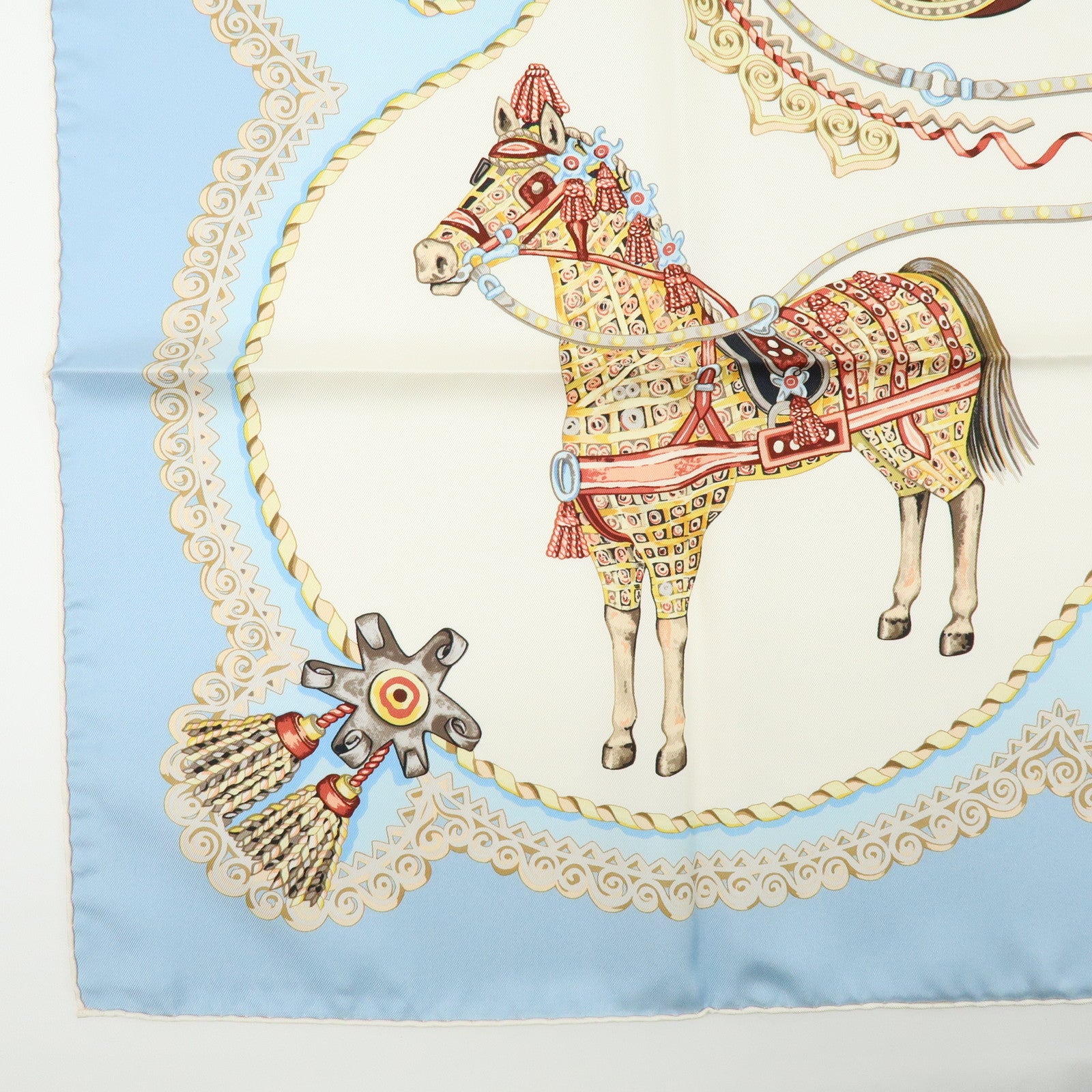 HERMES Carre 90 Silk 100% Scarf PAPEROLLES Light Blue Ivory