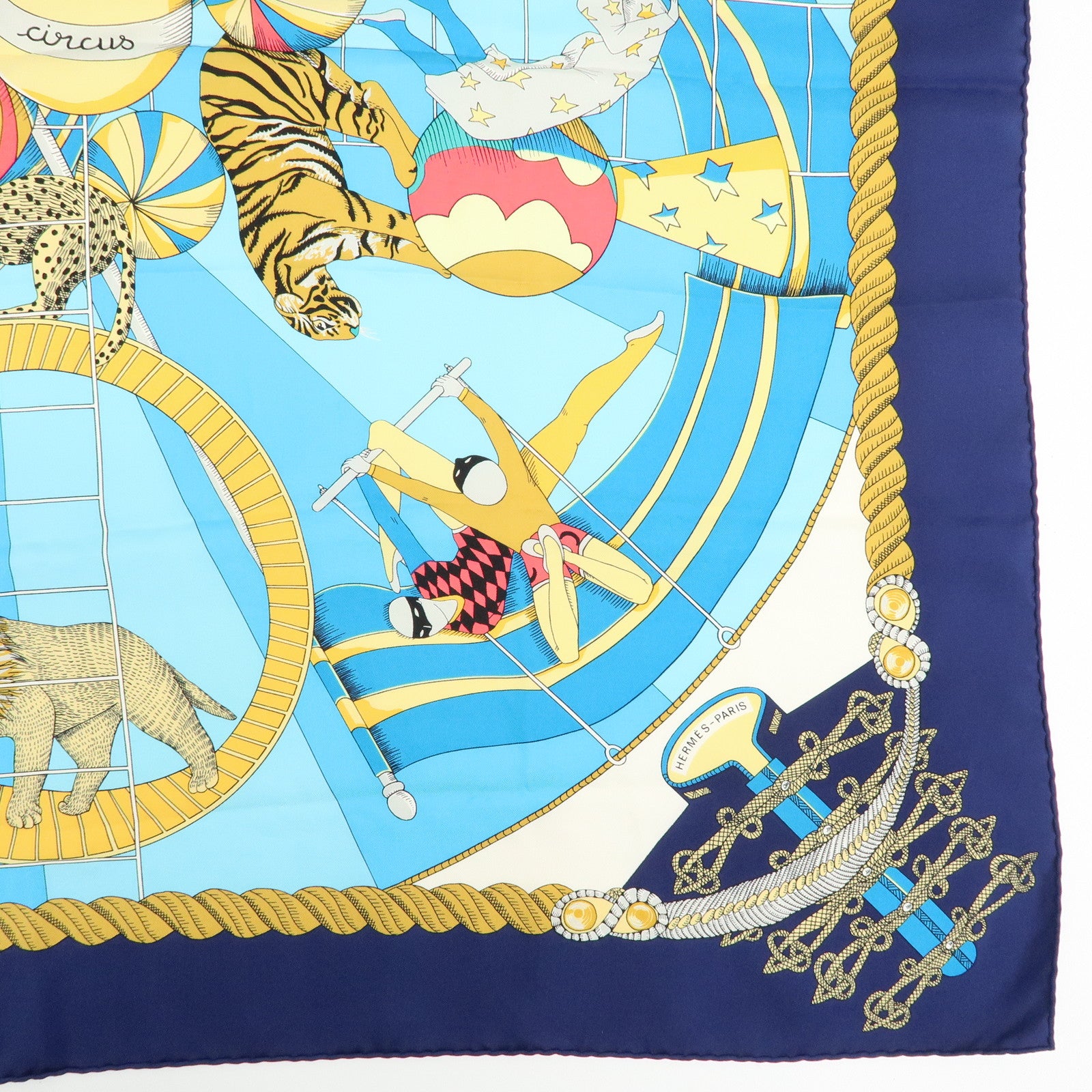 HERMES Carre 90 Silk 100% Scarf Circus Blue Gold