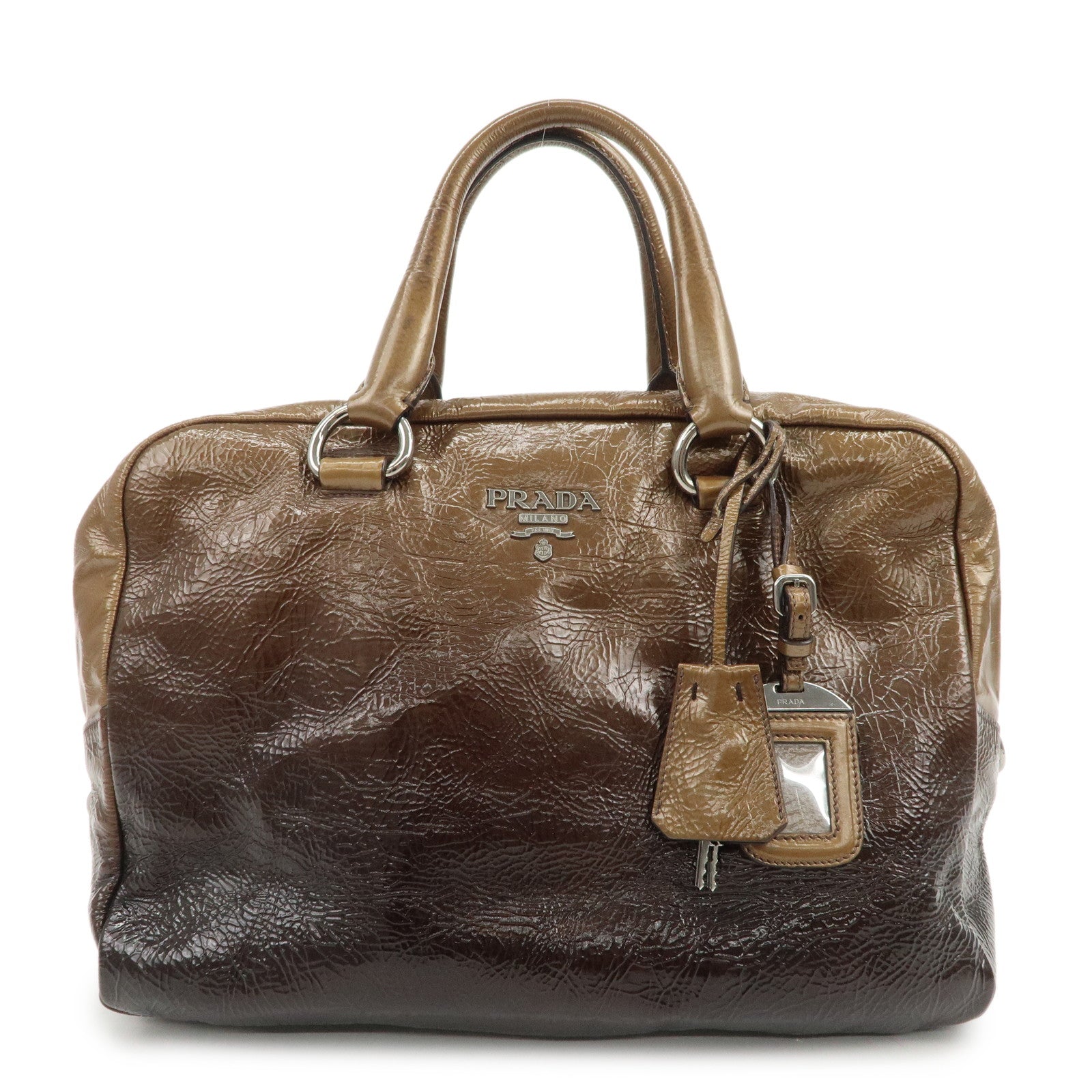 PRADA Logo Patent Leather Hand Bag Boston Bag Brown BL0555