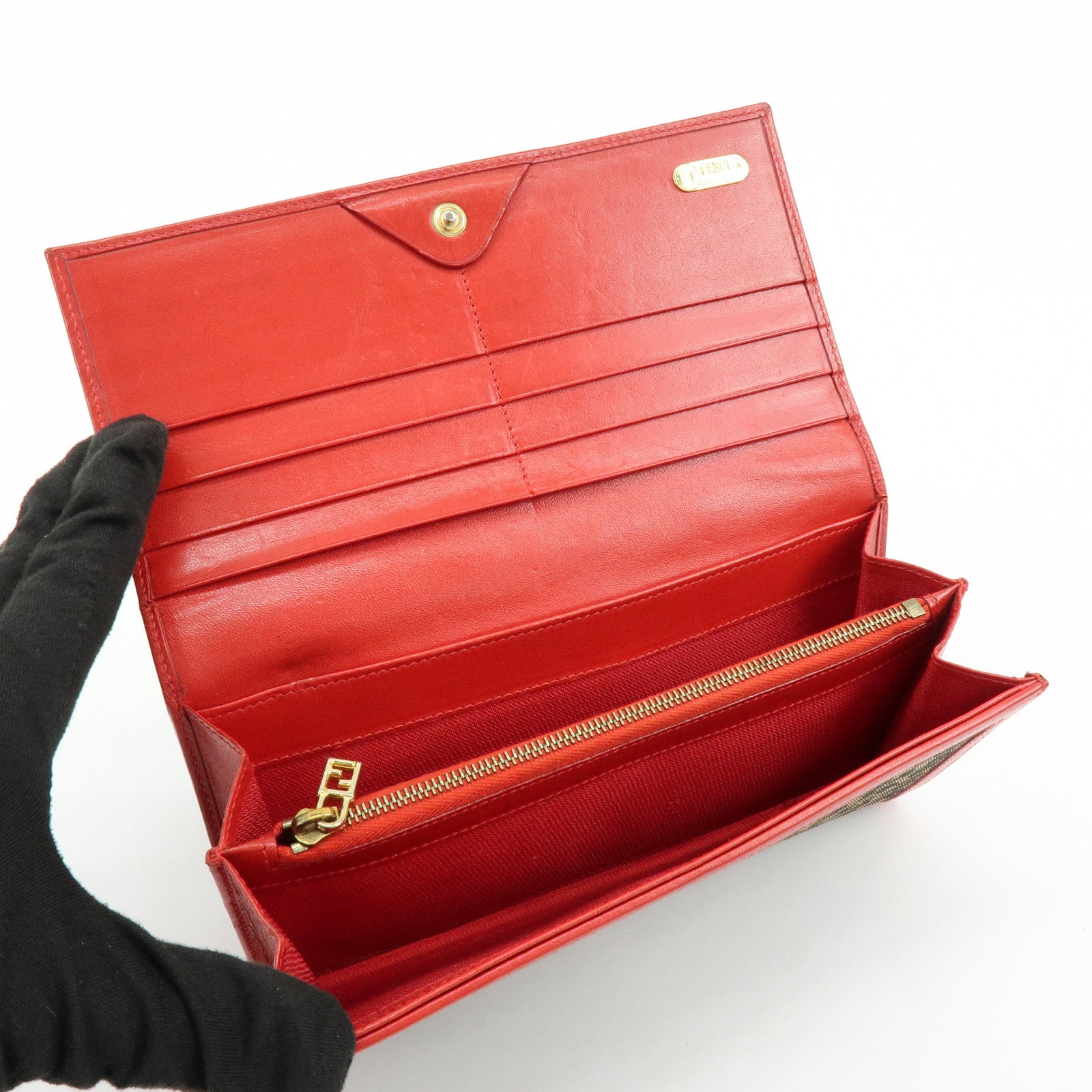 FENDI Zucca Canvas Leather Long Wallet Leopard Brown Red 30851