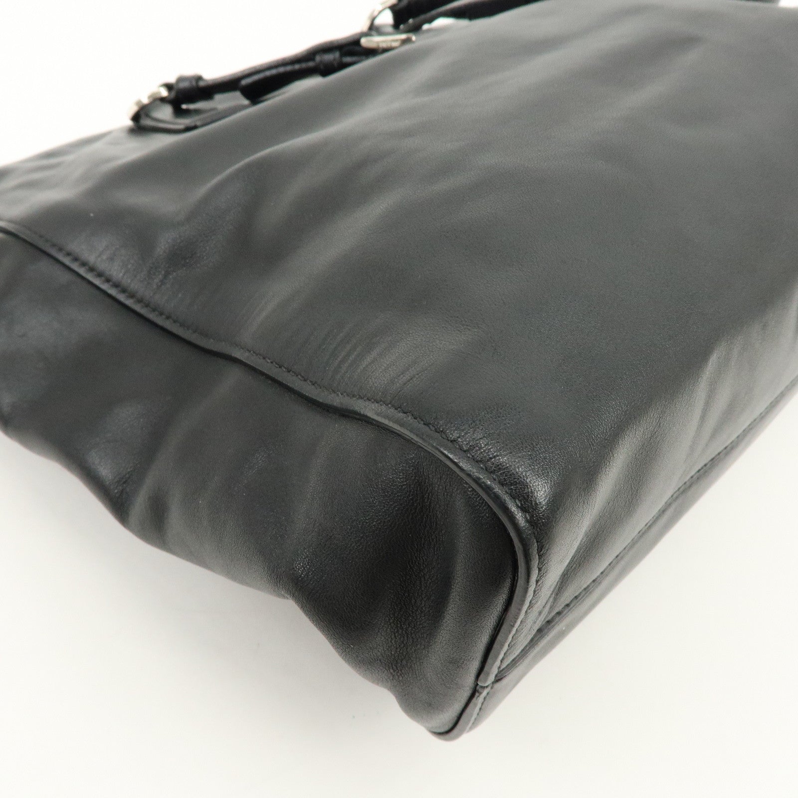 PRADA Triangle Logo Leather Tote Bag Shoulder Bag Black BR5033