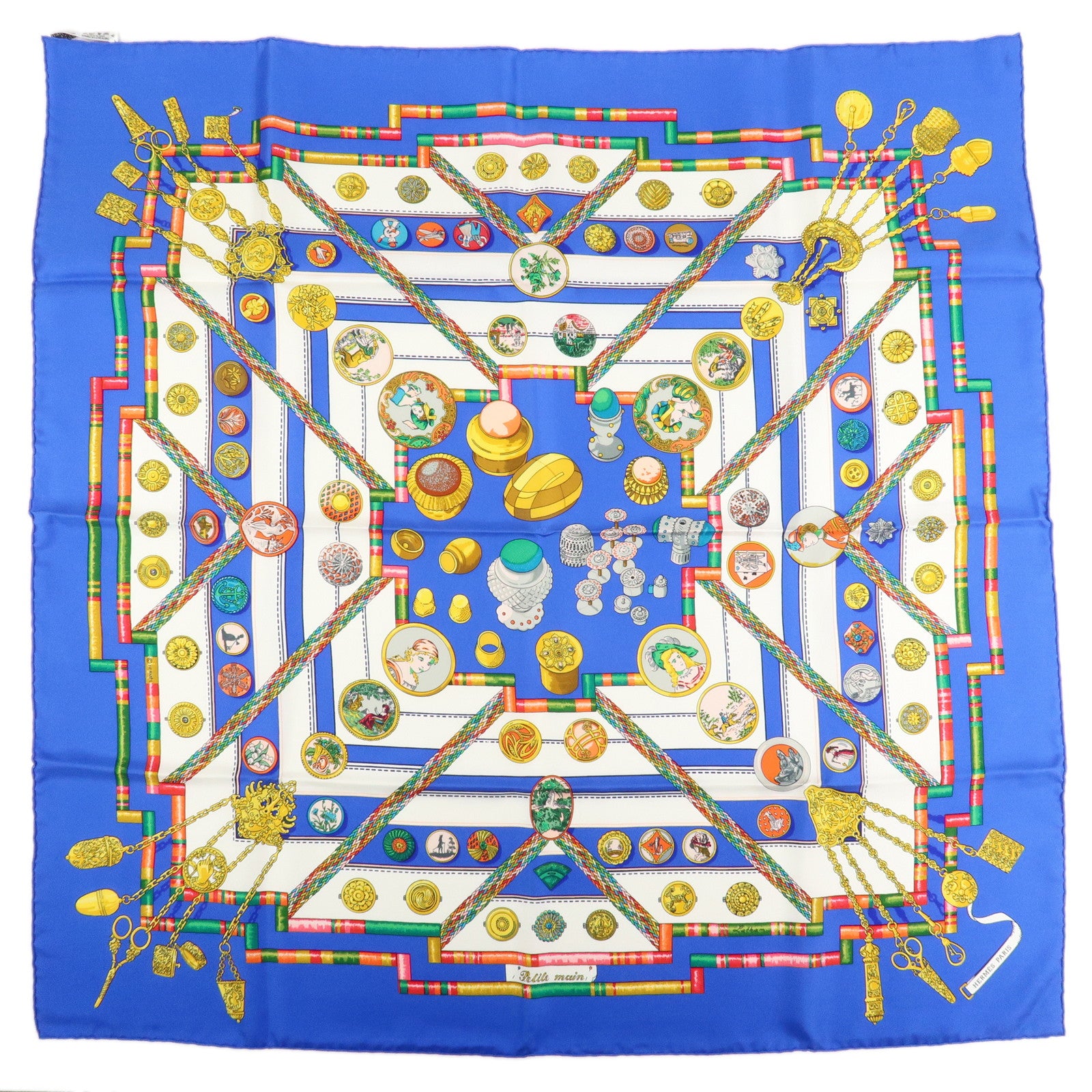 HERMES Carre 90 Silk 100% Scarf Petite main Blue White