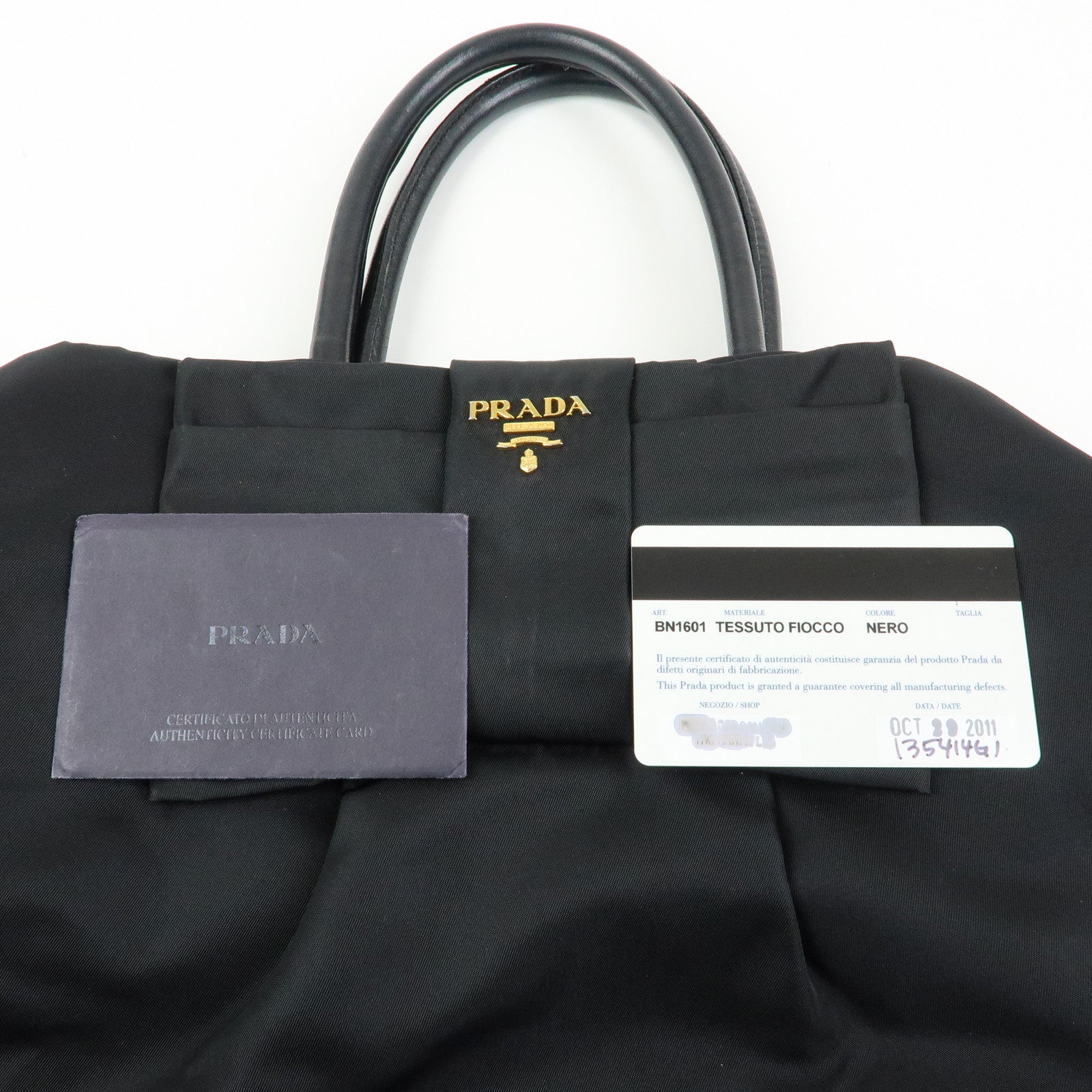 PRADA Ribbon Nylon Leather Hand Bag Tote Bag Black BN1601